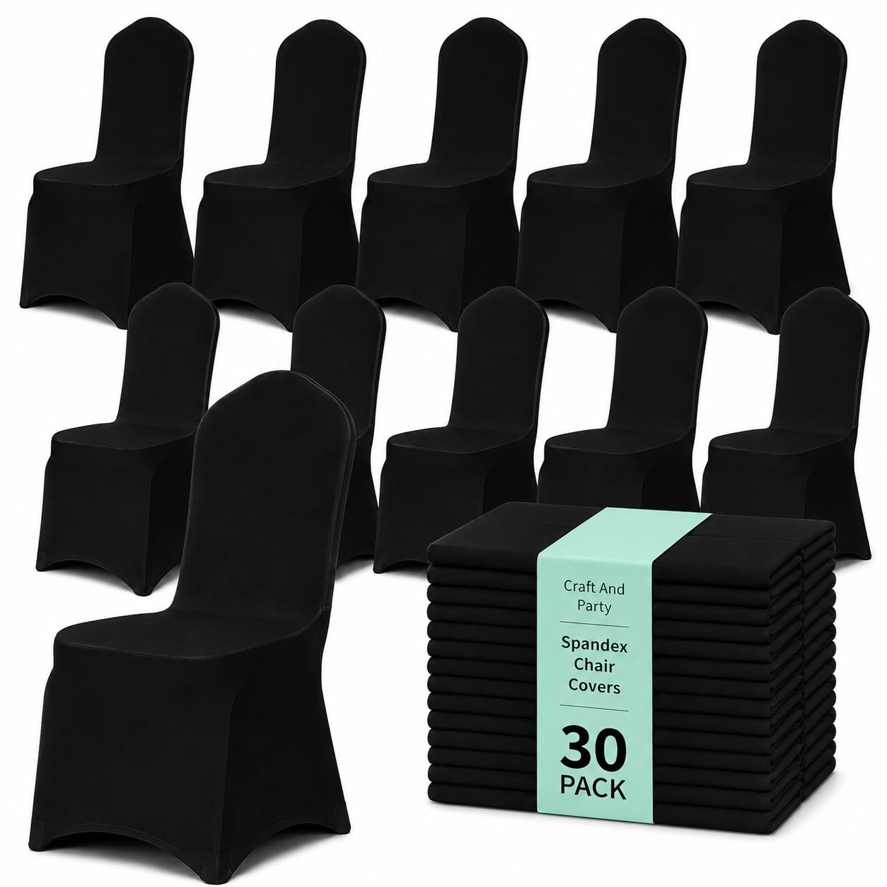 30 Pack Black Spandex Chair Covers – Stretch Polyester Slipcovers for Wedding, Banquet, Party &amp; Dining Chairs – Flat Front Design, Universal Fit