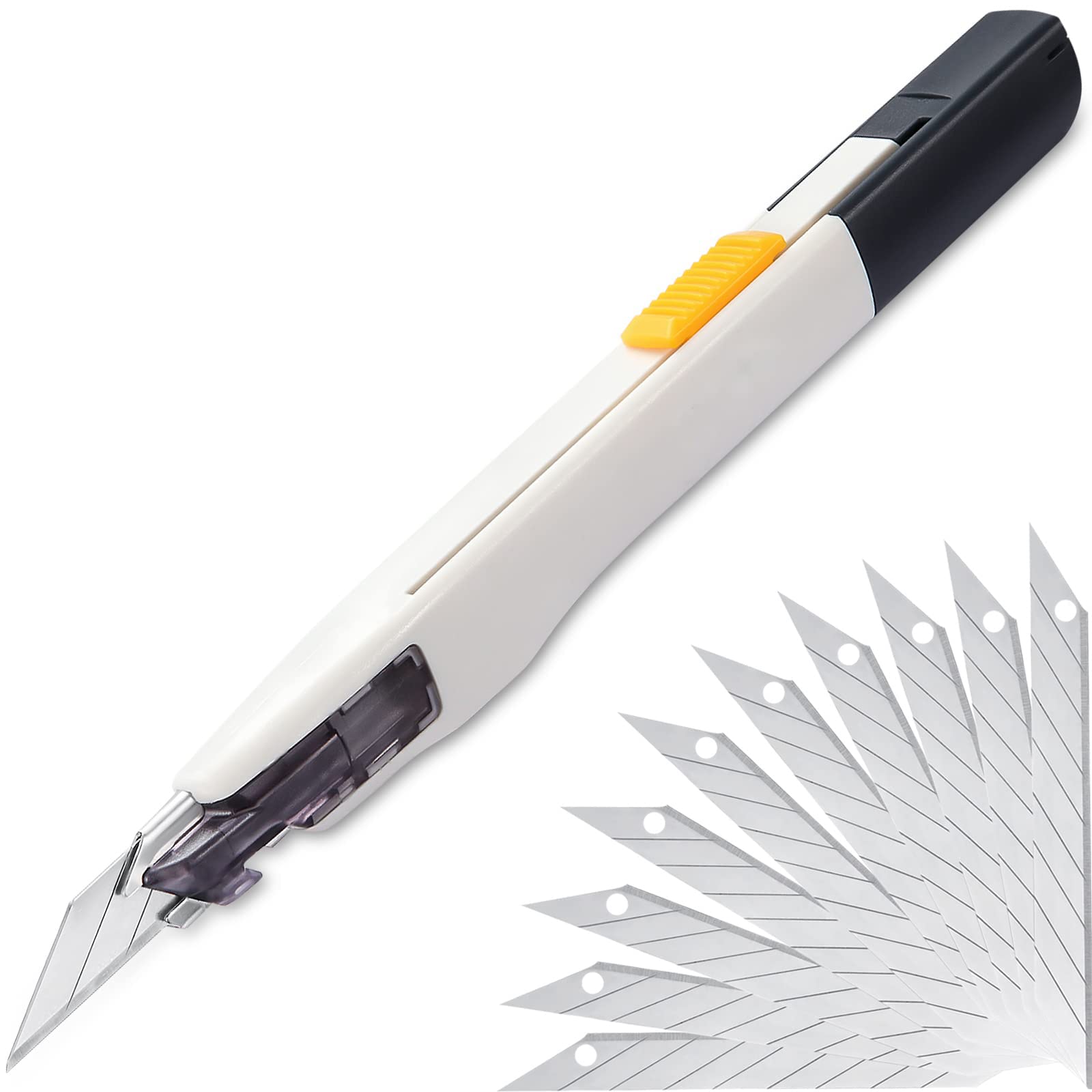 NALACAL Utility Knife, Portable Box Cutter, Fine Point Arts and Crafts Blade for Precision Cutting, with 10 Blade Pieces for Art Crafts DIY (White, 1 Cutter 10 Blades）