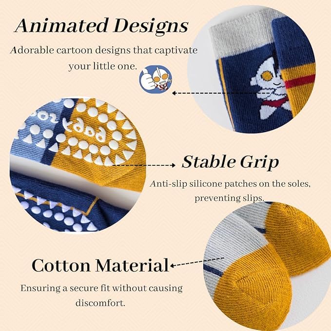 Image of WKLOUYHE Kid's Boy's Cotton Anti Slip Grip Socks(Colors & Print May Vary) (Pack of 5) Multicolour
