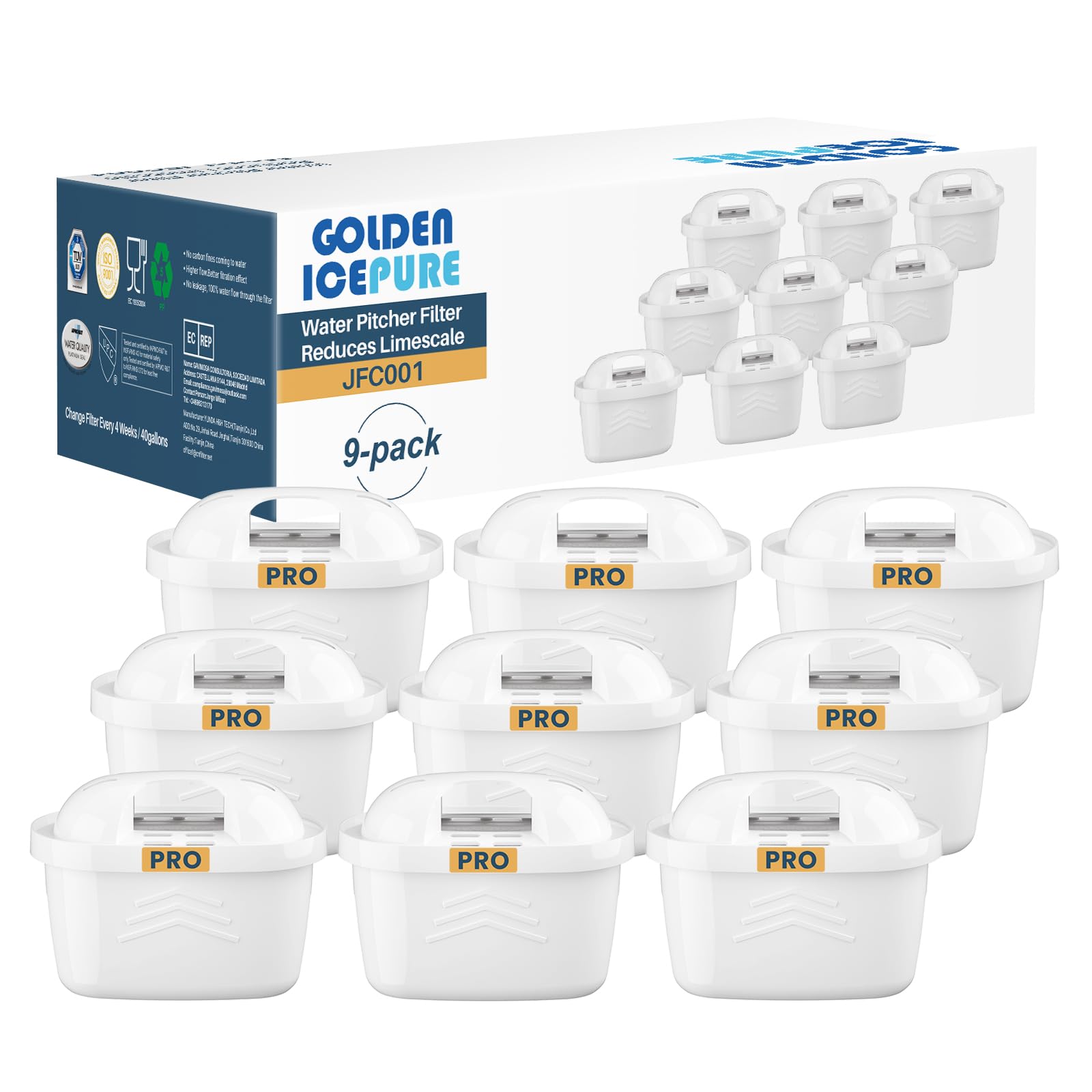 GOLDEN ICEPURE Hard Water Specialist Filter Cartridges, Upgraded for Brita Maxtra+ Pro Plus Marella Jug Kettle, Enhanced Scale Reduction & PFAS Removal, TÜV SÜD & NSF Certified (9-Pack)