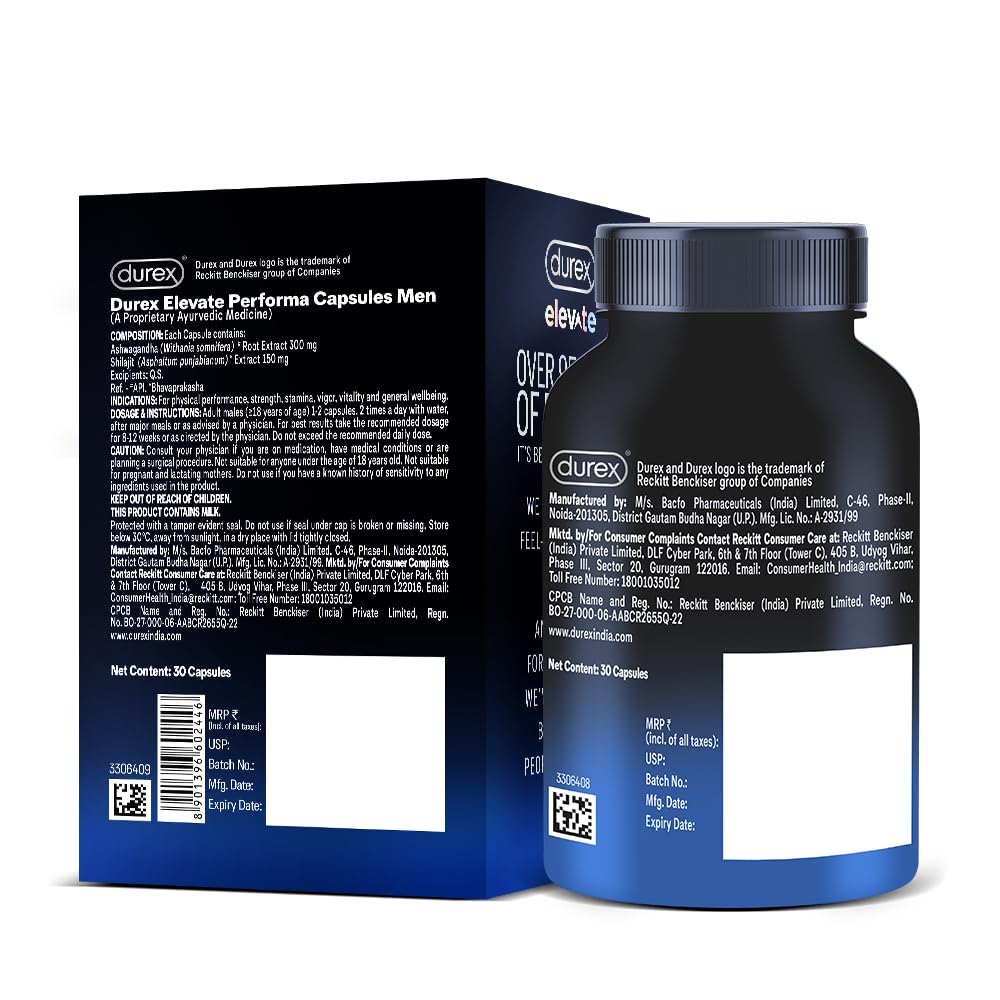 Durex Elevate Performa Capsules for Men | Ashwagandha KSM-66 Purified Shilajit & Supplement | Supports Strength & Stamina | 30 Capsules product image 9