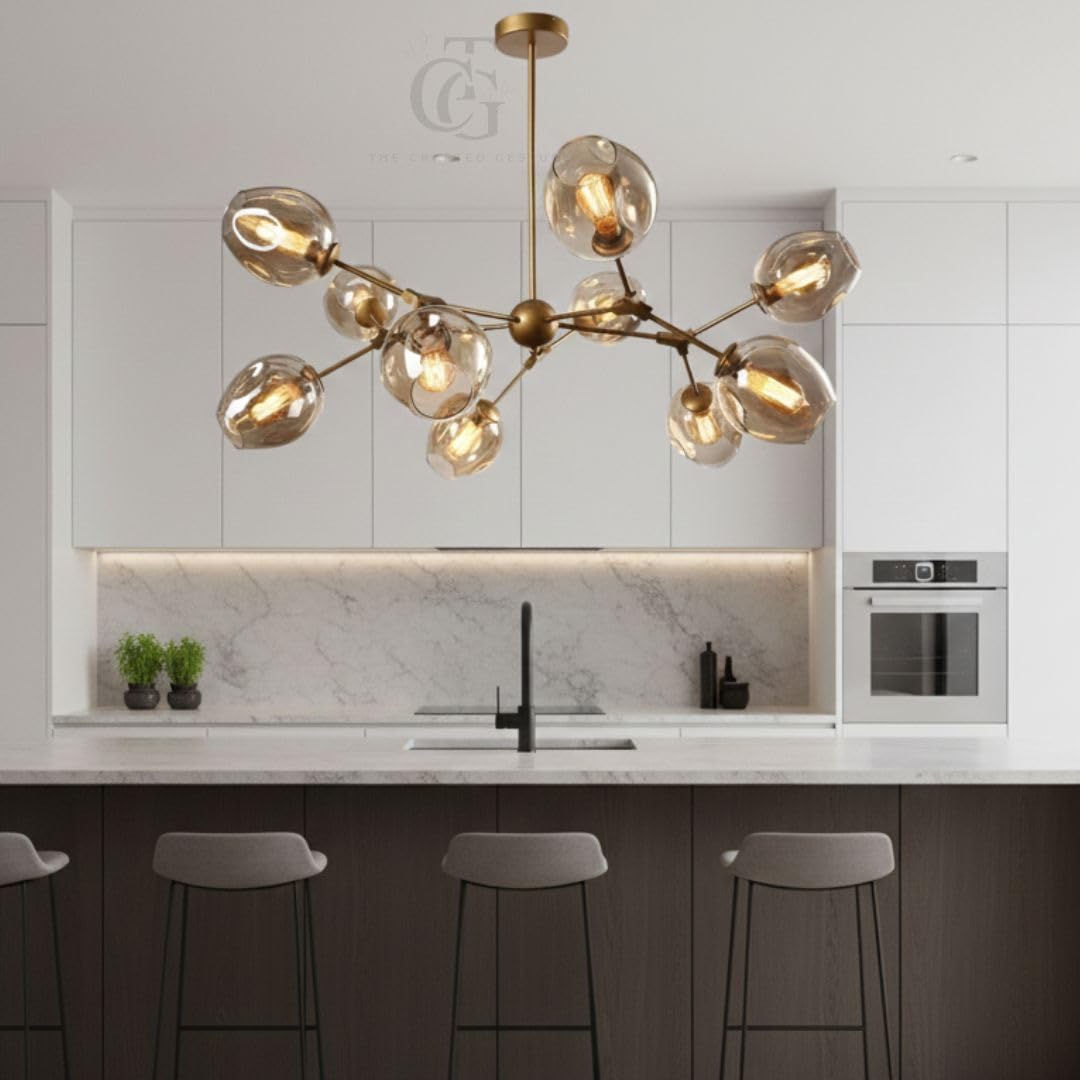 Modern 10-Light Gold Antique-Brass Celeste Branch Chandelier|Designer Metal & Glass Ceiling Hanging Light for Living Room, Kitchen, Dining|Champagne Halo Glass