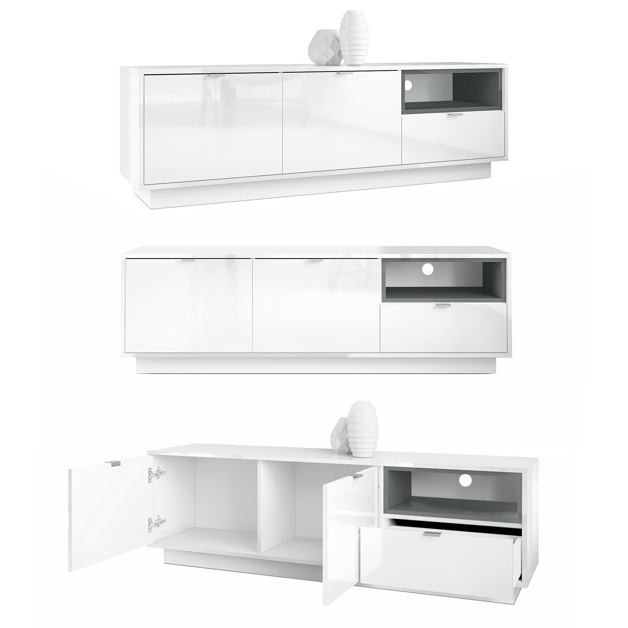Buffet Haut Armoire Metro, Corps En Blanc Haute Brillance Façades En Blanc Haute Brillance Avec Une Insertion En Blanc Haute Brillance
