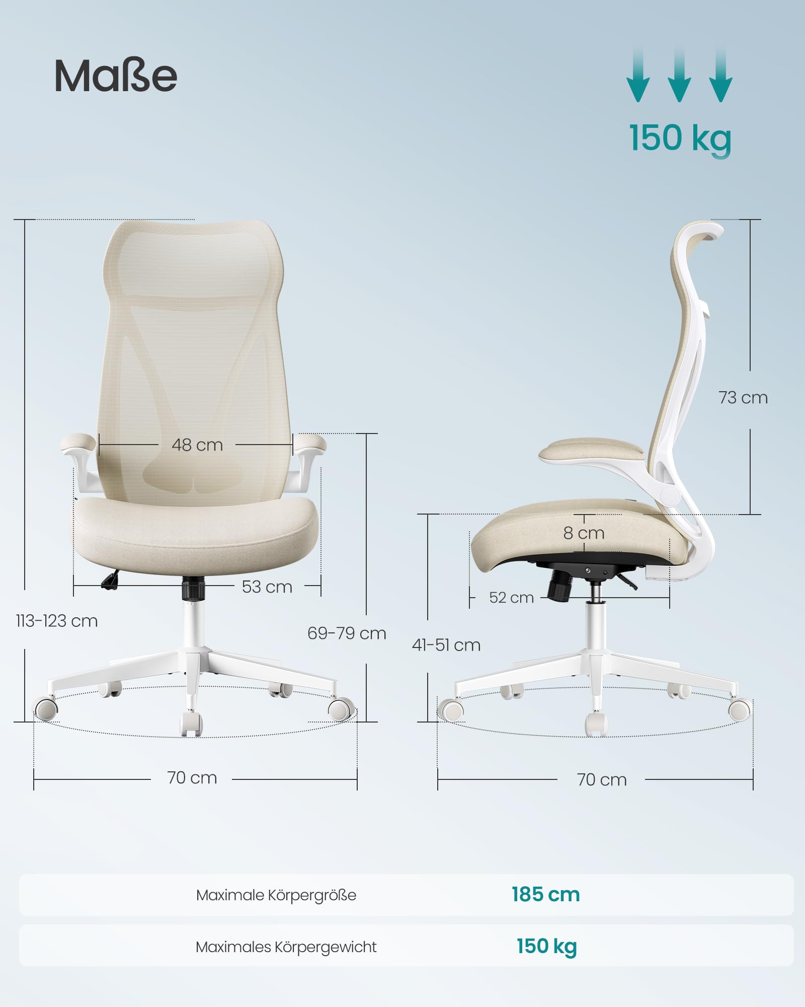 SONGMICS Bürostuhl, Schreibtischstuhl, ergonomische Rückenlehne, höhenverstellbar, hochklappbare Armlehnen, Drehstuhl mit Kopfstütze, bis 150 kg belastbar, cappuccinobeige OBN088K01