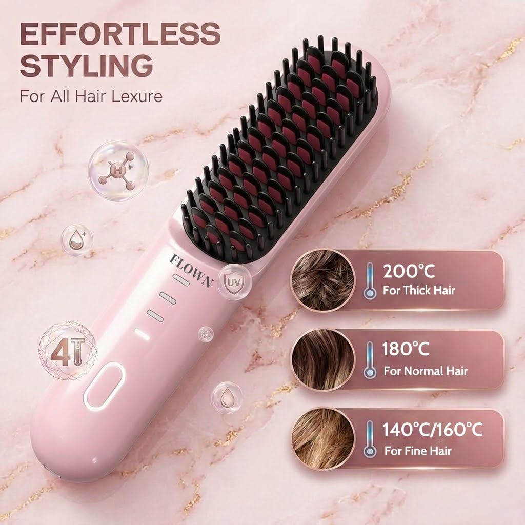 for Short Hair, Cordless Hair Straightener Brush for Travel, Portable Type-C Fast Charging Mch Heating with 4 Temperature Settings, Adds Volume, Frizz-Free Styling