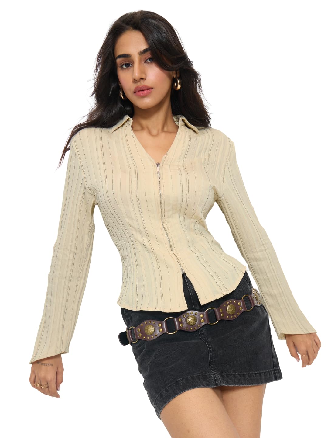 the souled store Zipper Shirt: Women and Girls Full Sleeves Round Neck Textured Viscose Blend Slim Fit Lightweight Breathable Smart Casual Shirt for Everyday Summer Wear-picture-13