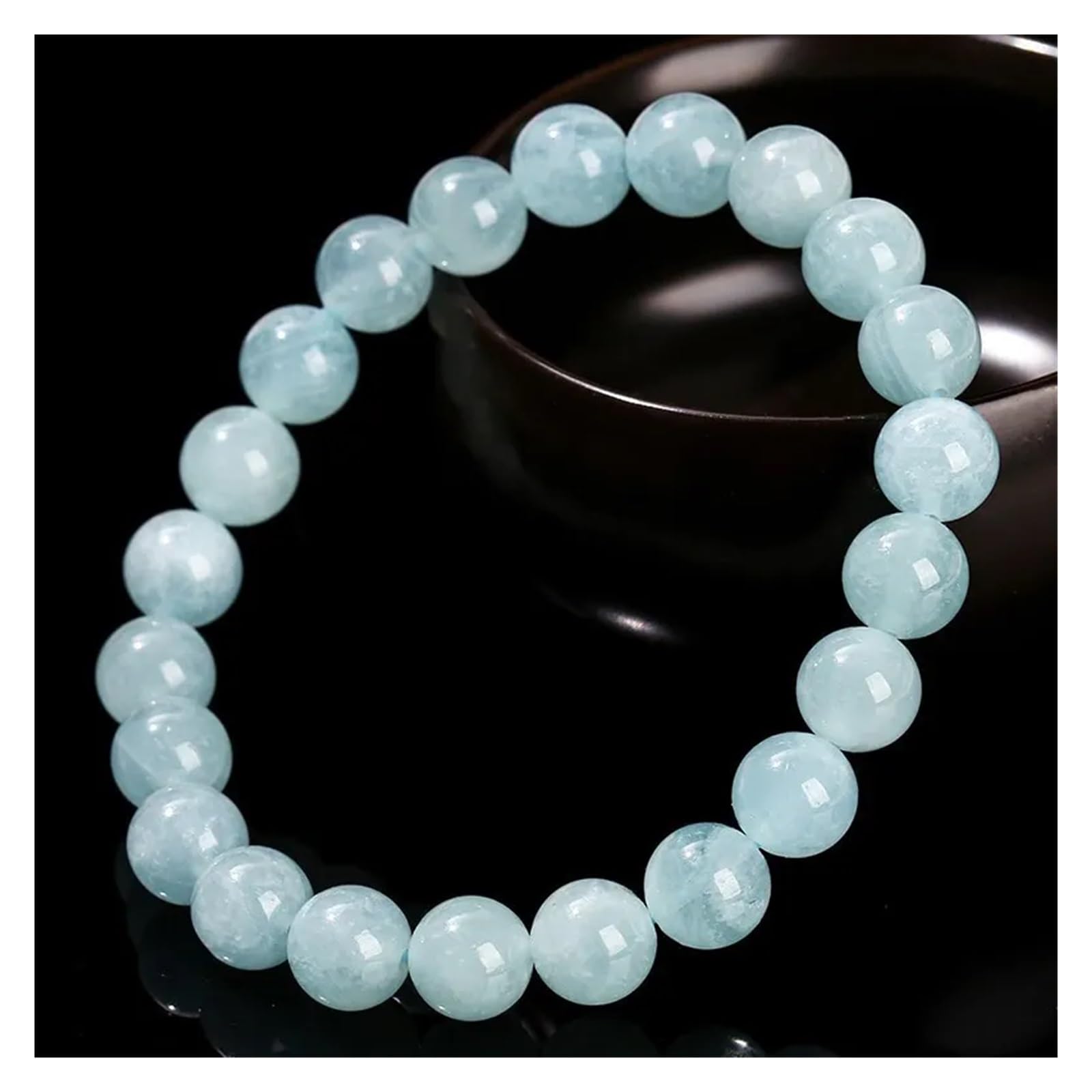 Generico 7A Bracciale con perline rotonde naturali acquamarina Braccialetti elasticizzati in pietra da donna