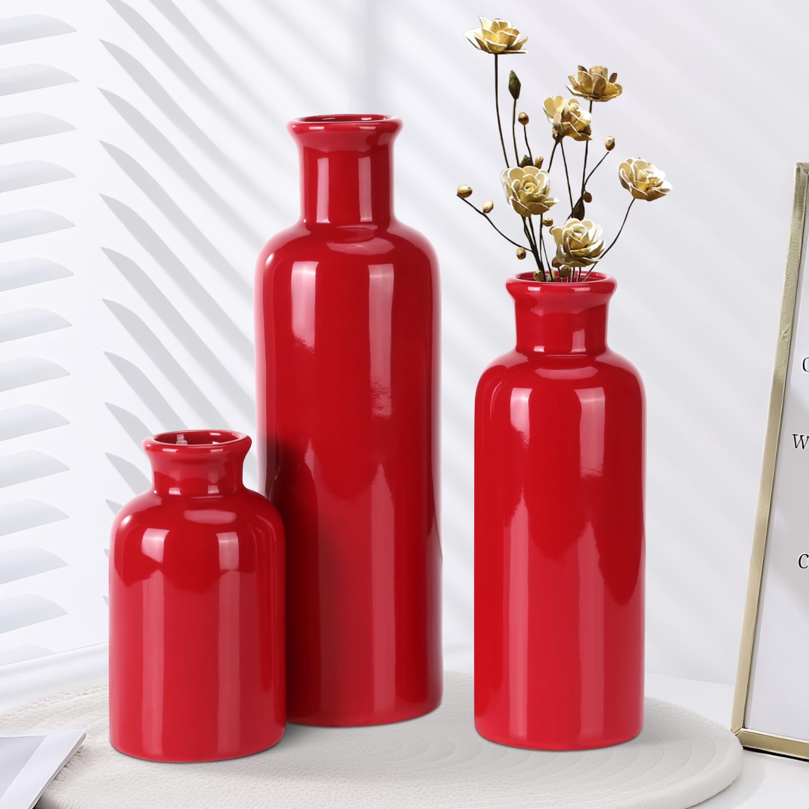 Rote Keramikvase, 3er-Set, Boho-Blumenvase, Raumdekoration, Bauernhaus-Dekor, Vasen für Ihre Küche, Badezimmer, Schlafzimmer, Wohnzimmer, Büro und Regal, Tafelaufsatz, Tischdekorationen