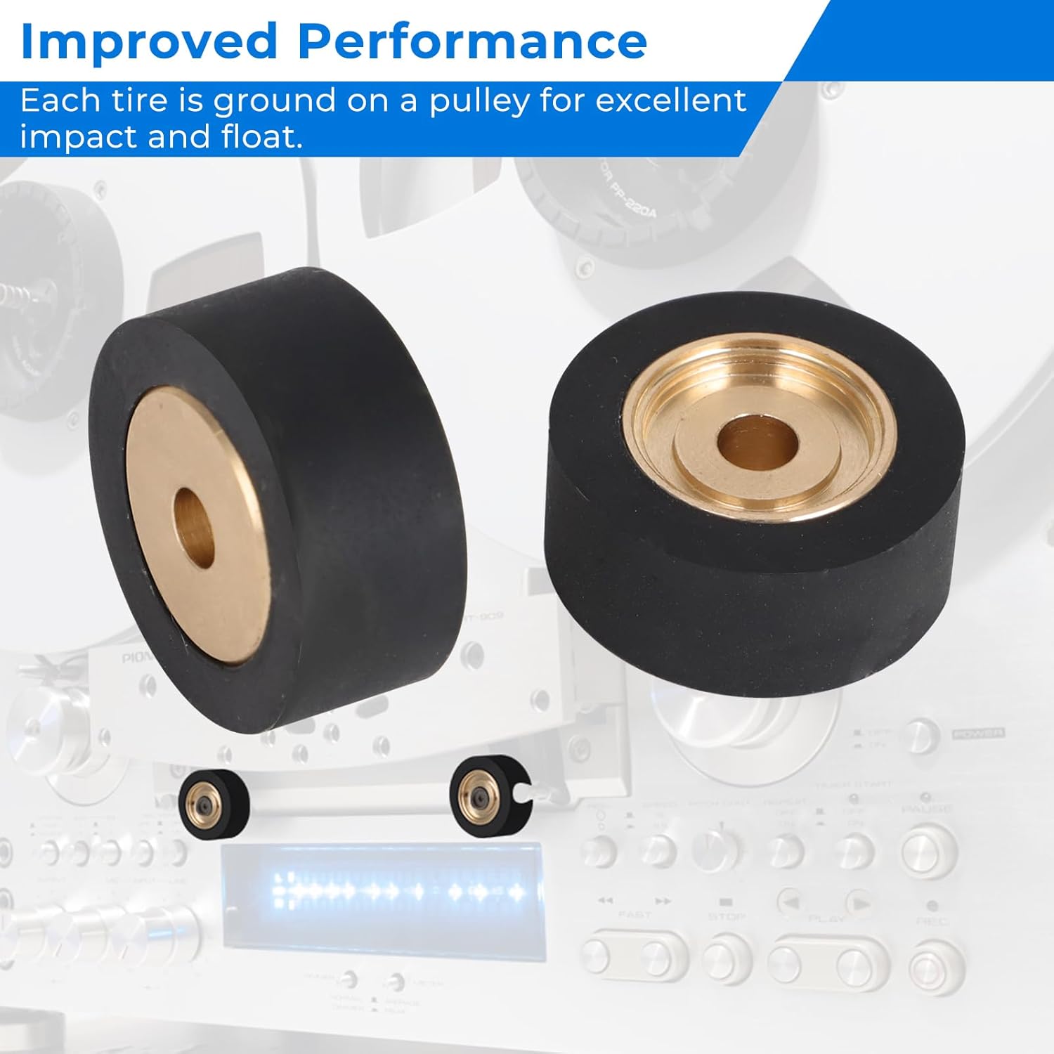 Image showing the pinch rollers with text 'Improved Performance' and a background of a reel to reel tape deck