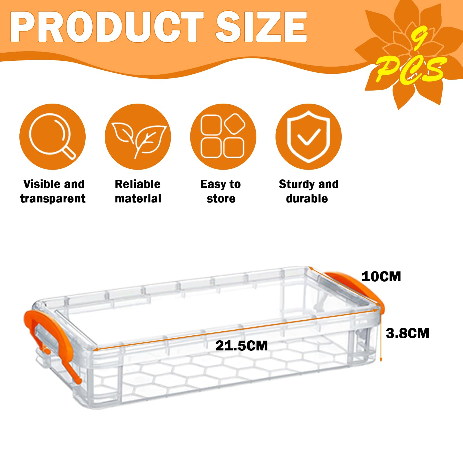 9 Pack Plastic Pencil Boxs,21.5x10 x 3.8cm Large Capacity Pencil Box with Snap-Tight Lid Stackable Transparent Container for Office Supplies Craft Hobby Art Supplies Journaling Stationery Sticker - Image 2