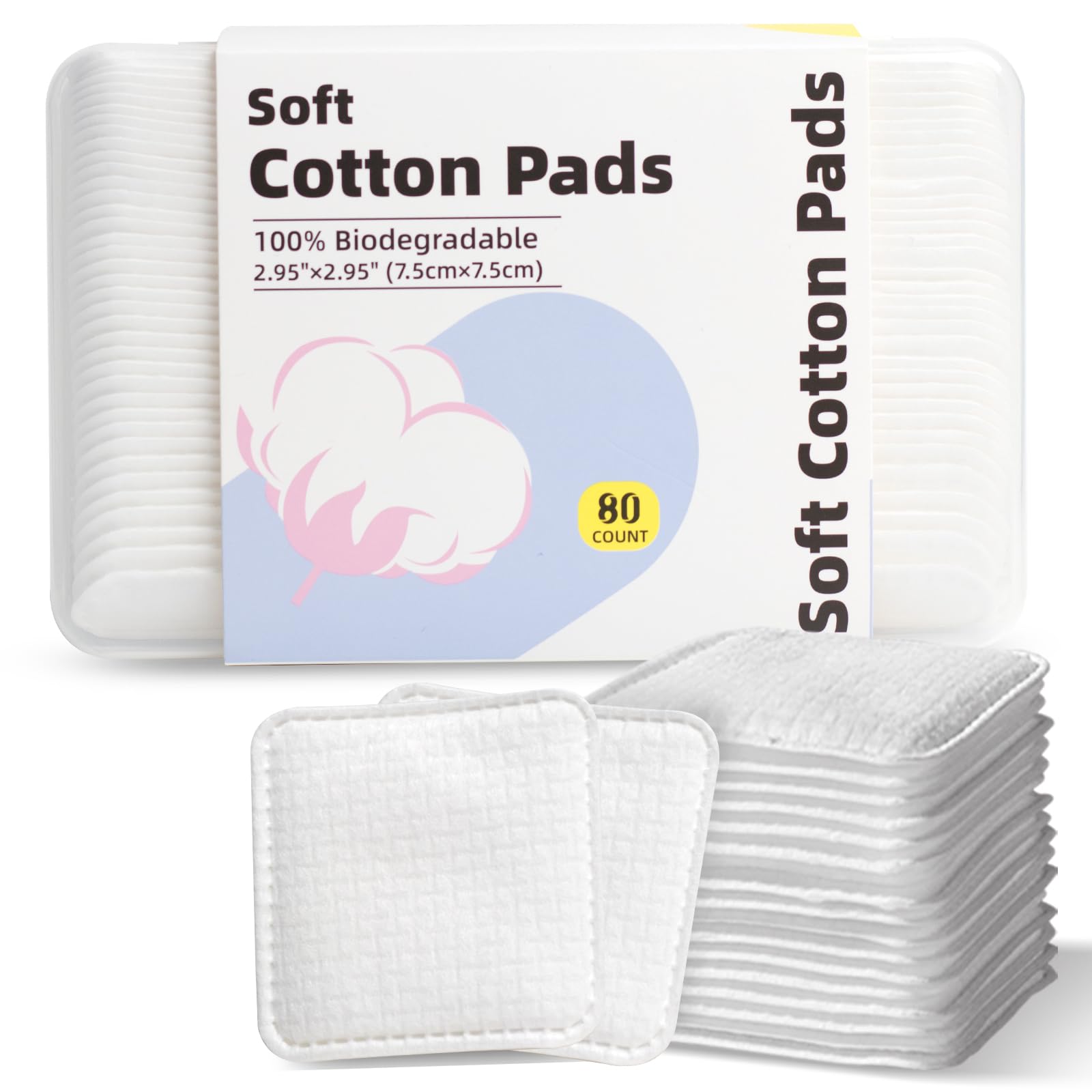 Large Square Cotton Pads, 80 Count, Lint-Free, Soft, Rounded Corners, Multi-Layer, for Makeup Removal, Toner, Facial Cleansing, Boxed