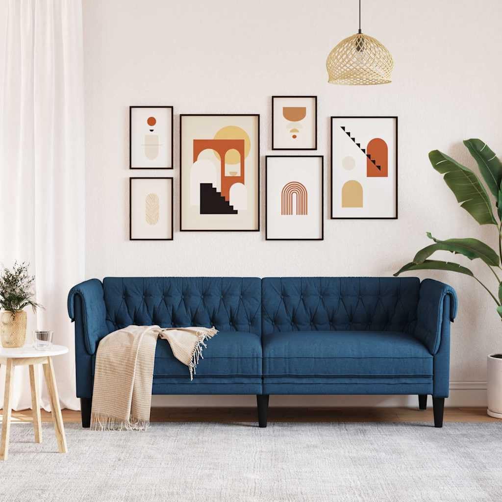 Divano Chesterfield 3 Posti Blu Tessuto | Schienale profondo, braccioli arrotolati, seduta imbottita, gambe robuste, capacità 110 kg per sedile