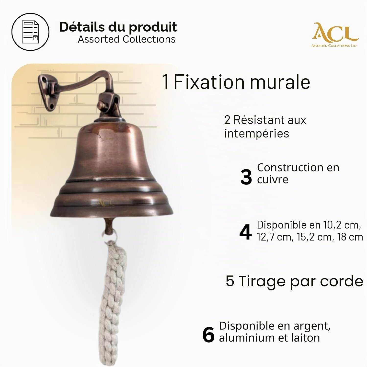 Accessoires de Bar Assortis pour la Maison, Cloche à Main | Cloche en Laiton Murale Suspendue avec Corde Durable | Cloche en Bronze Unique avec des Sons forts idéale pour Noël, réception (8 Pouces)