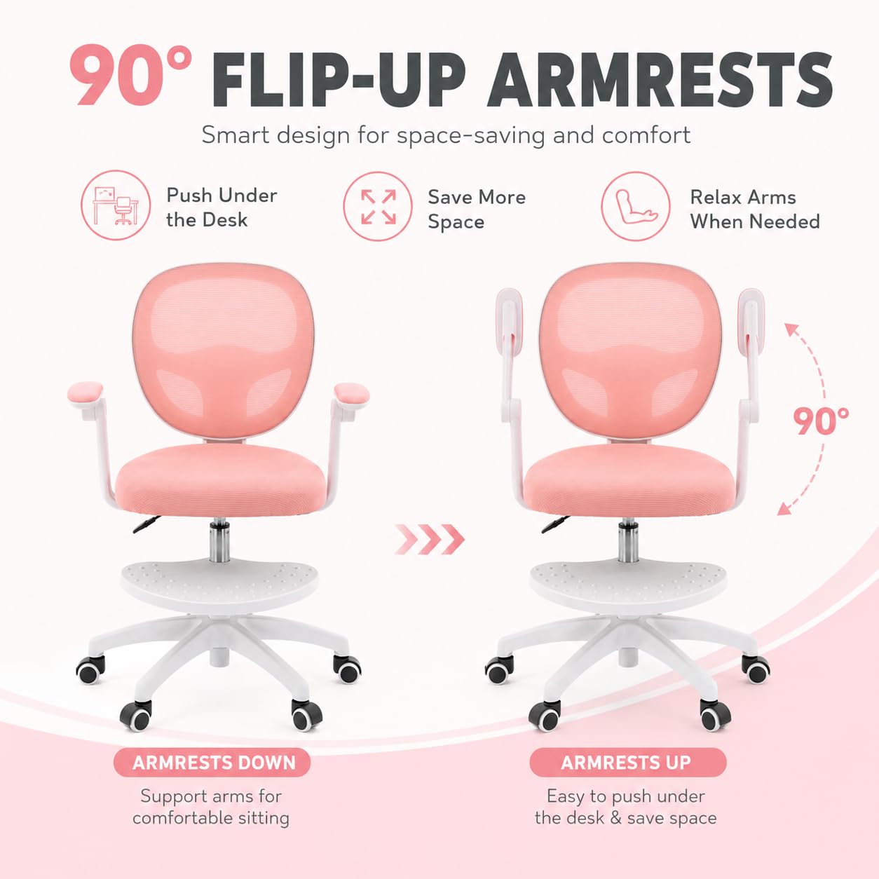Sedia da scrivania per bambini, regolabile in altezza, 50 kg, rosa | rete, schiuma, forma a sella, pieghevole a 90°, 50 kg, ruote a gravità, girevole a 360°, seduta da 10 cm + poggiapiedi, 5-13J