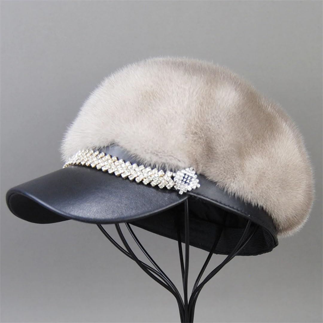 Gorros de invierno de piel de visón real de piel de visón para mujer, cálidos y naturales, viseras de piel de visón, gris (Gray9 2), Talla única