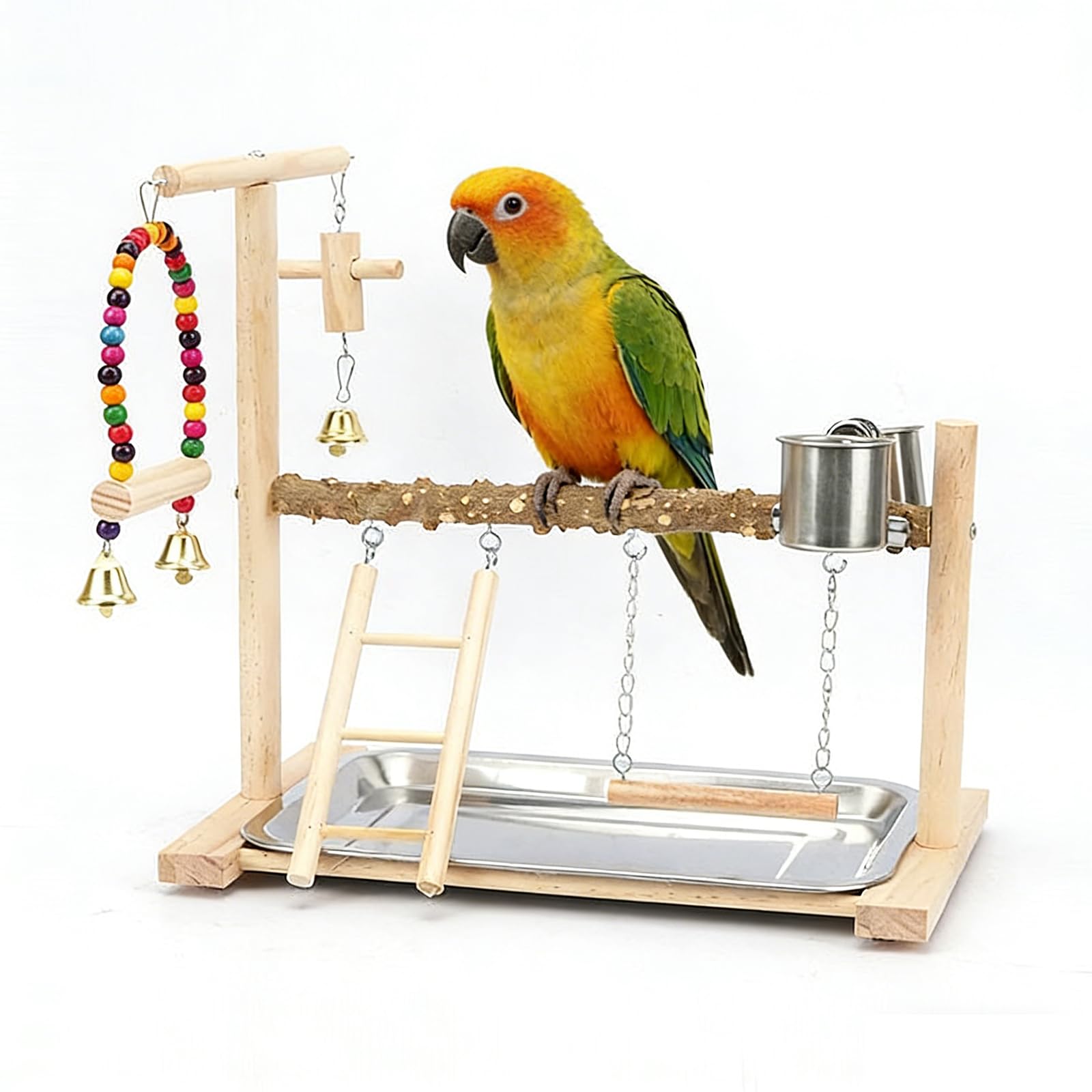 Parrot Perch, Parrot Bird Stand Perch Budgie Playground 14x13x9in Wooden Bird Playground With Stainless Steel Feeder Cup And Tray For Cockatiels Budgies Small To Medium Birds