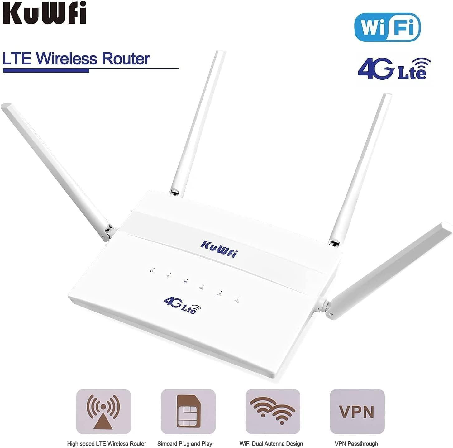 KuWFi C910SP Routeur 4G LTE avec SIM, WiFi Double Bande, Modem 750 Mbps | Routeur 4G Débloqué, Compatible APN et VPN, Réseaux FDD/TDD, Connexion LAN pour Camping-car, Voyage, Jardin, Chalet et Bureau