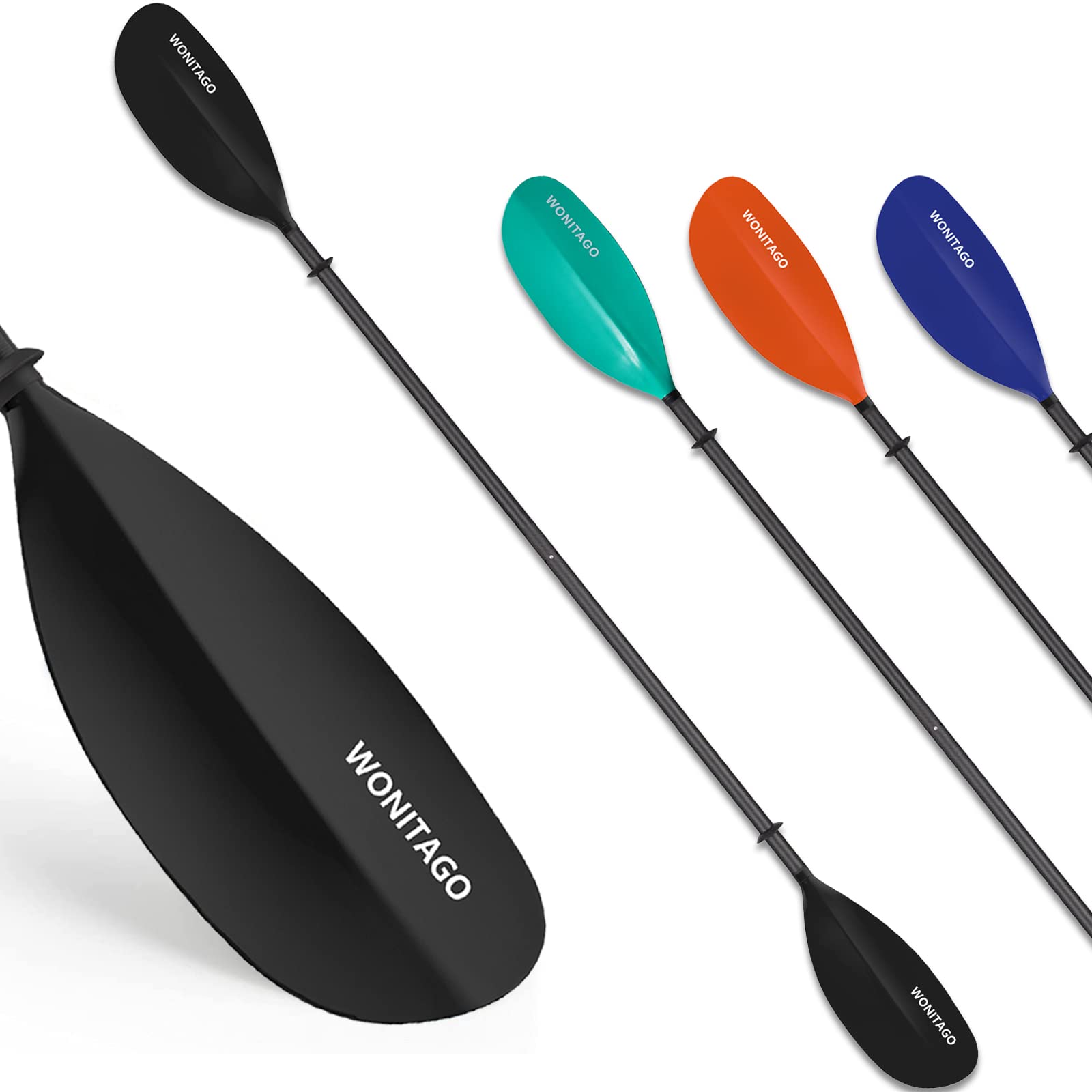 WONITAGO Kayak Paddles Carbon Fiber Shaft Paddle with Nylon Blades, Floating Adjustable Kayaking Oars, 3 Piece, 230-250 cm/90-98 Inches, Black/Blue/Orange/Teal