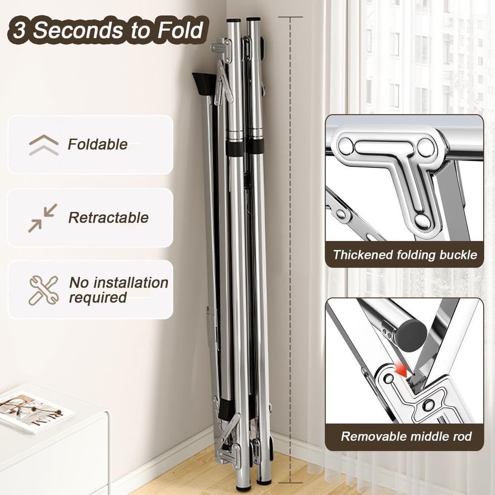 Foldable Drying Rack with Shoe Holder - Retractable X-Shaped Stainless Steel Clothes Dryer with Non-Slip Feet, Clips & Hooks - 240cm/94.5in Laundry Drying Solution