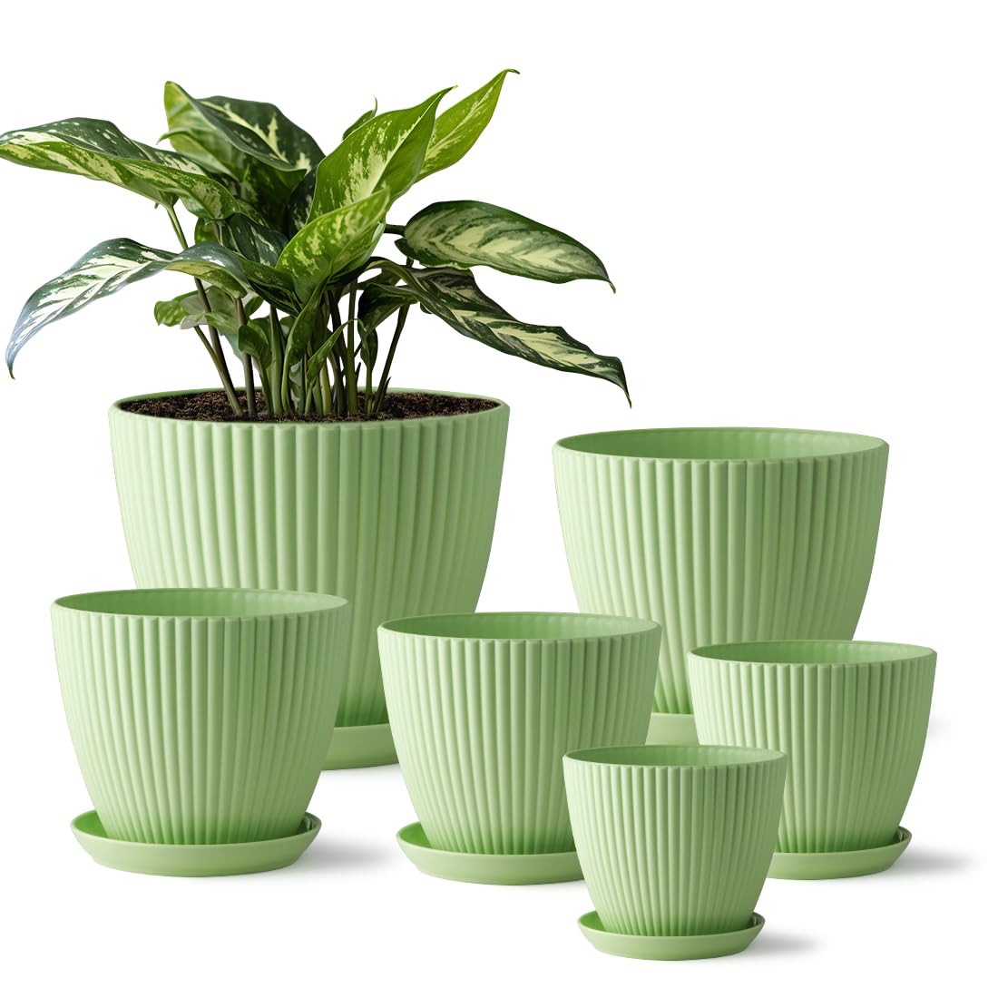 RooTimmer Indoor Planters with Drainage Holes and Saucers, 7.5/6.5/5.5/4.9/4.2/3.5 Inch Plant Pots, 6 Pack Plastic Flower Pots for Indoor Plants Such as Succulents and Herbs, Green