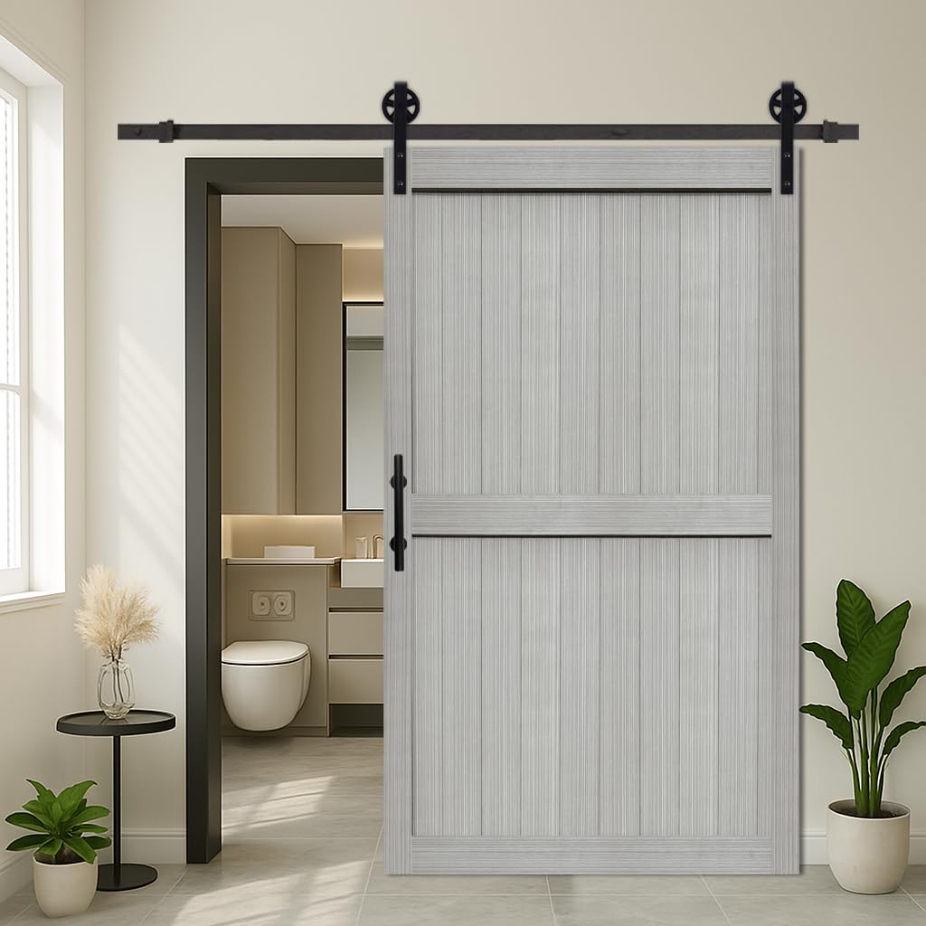 S&Z TOPHAND® 48in x 84in MDF Light Gray Barn Door with 8FT Sliding Door Hardware Kit, 24-60in Solid Barn Door Slab Covered with Water-Proof PVC Surface, Simple Assembly is Required(Big Wheel)