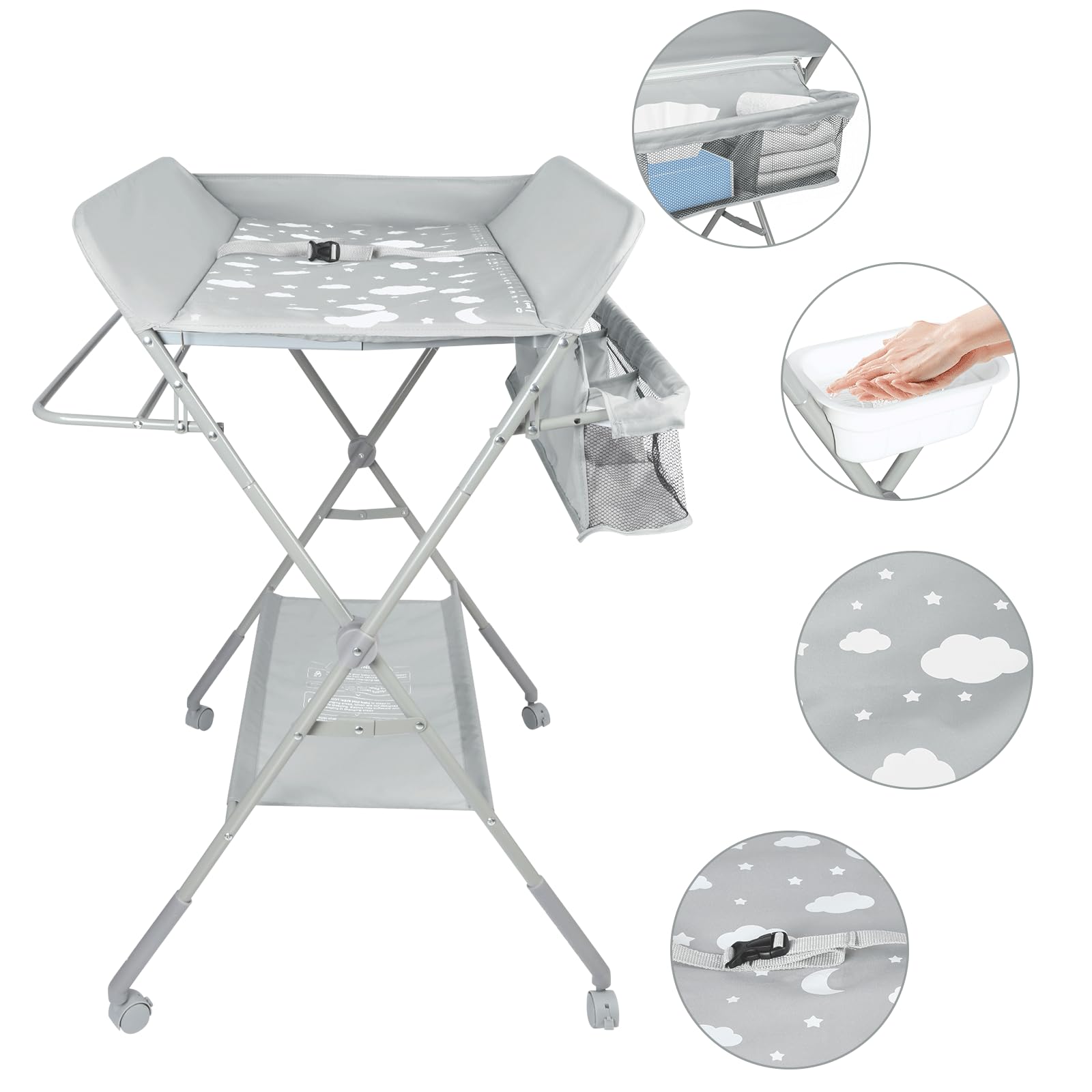 OHMG Table à langer pliante, Pliable et compacte, Table à langer avec panier de rangement, ceinture de sécurité et 4 roues avec frein, Réglable en hauteur