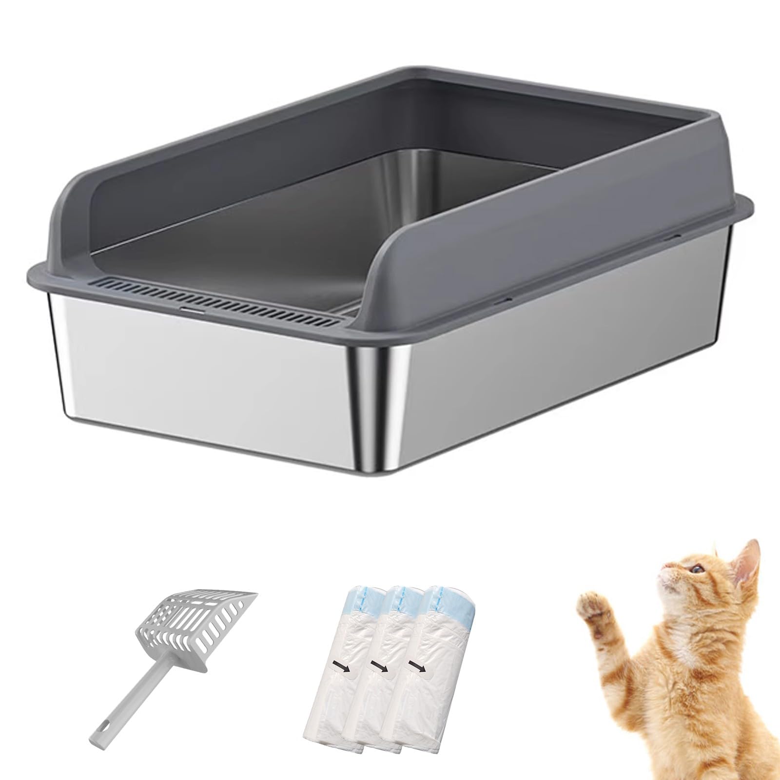 Bandeja sanitaria para gatos con laterales altos de acero inoxidable con tapa, bandeja sanitaria metálica cerrada para gatos grandes, bandeja sanitaria XXL extra grande Dark Gray,60*40*20CM