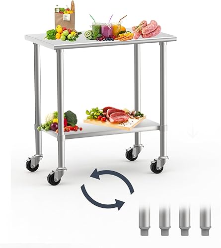 Mesa de acero inoxidable de 24 x 36 pulgadas con ruedas, mesa de preparación de cocina de acero inoxidable NSF, mesa de metal para cocina comercial,