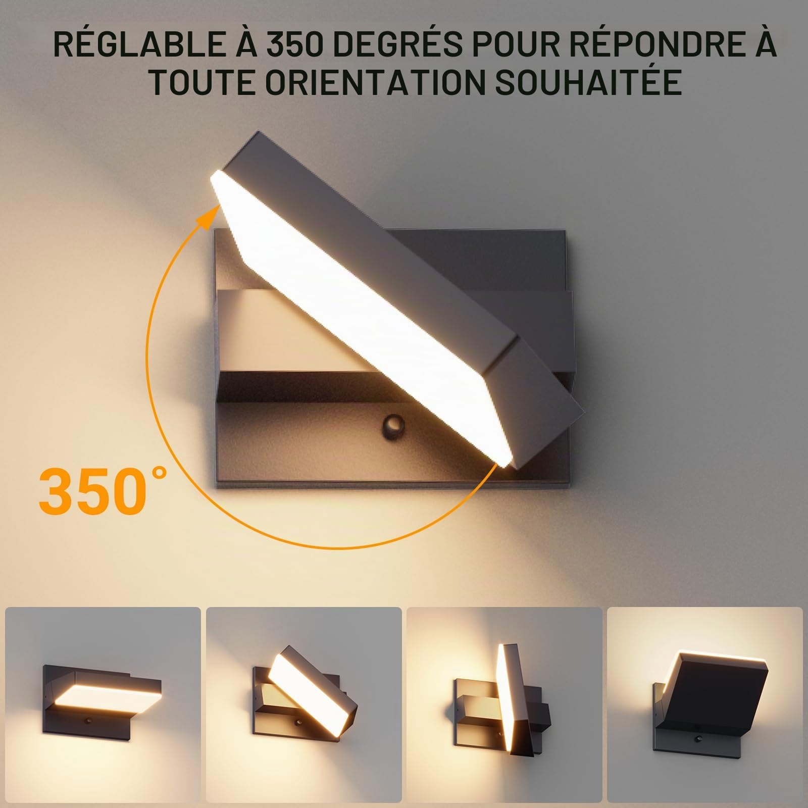 Aipsun 24W Applique Murale Exterieur/Intérieur 2PCS Appliques murales Led Étanche IP65,Projecteur Exterieur Led avec Panneau LED Pivotant à 350°,Lampe murale 3000K pour Terrasse Entrée,Anthracite