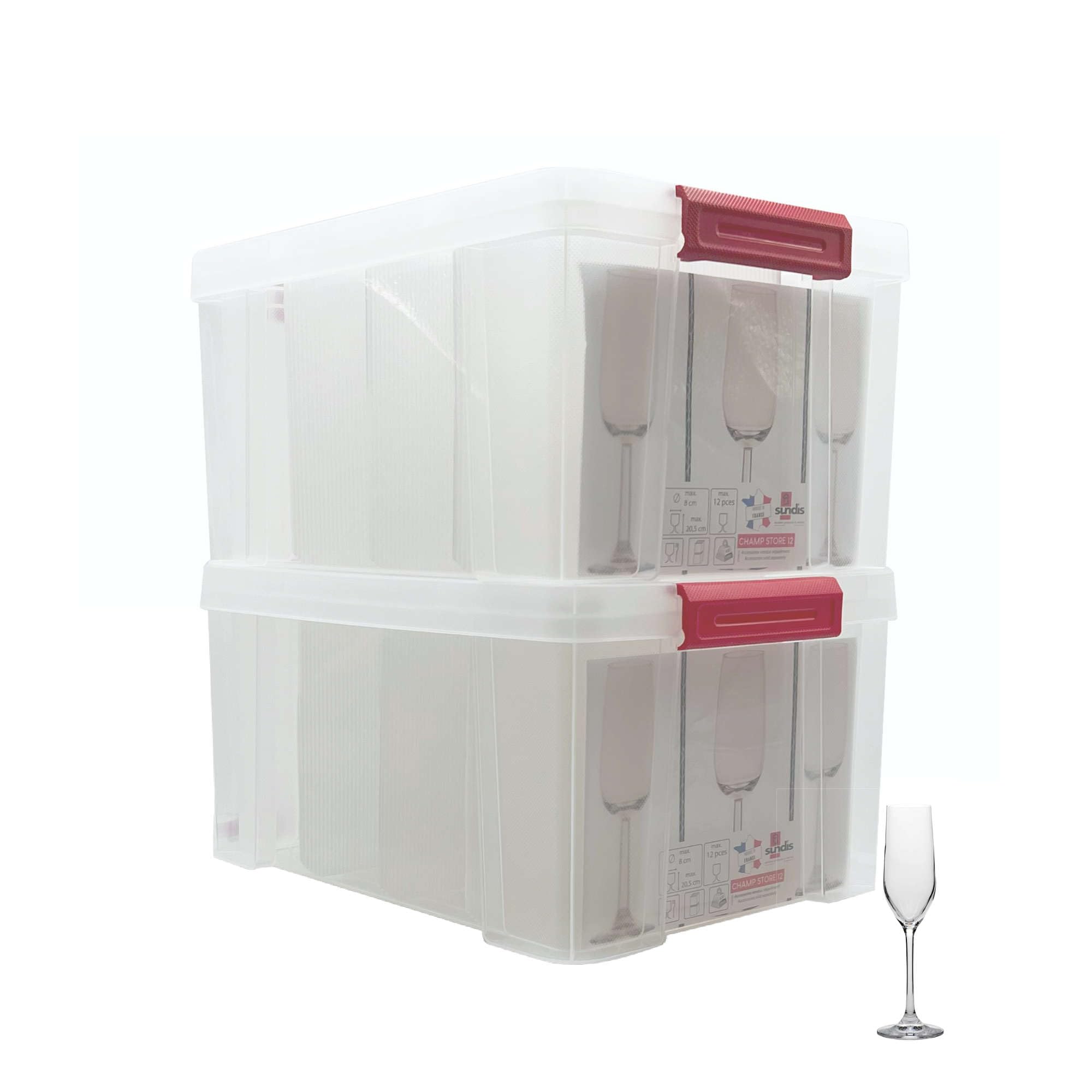 SUNDIS Champ Store, 2er-set Aufbewahrungsboxen für Gläser mit Deckel | Robust, transparent, Fassungsvermögen 12 Gläser, max. Durchmesser 8 cm, max. Höhe 20,5 cm, mit clips, stapelbar
