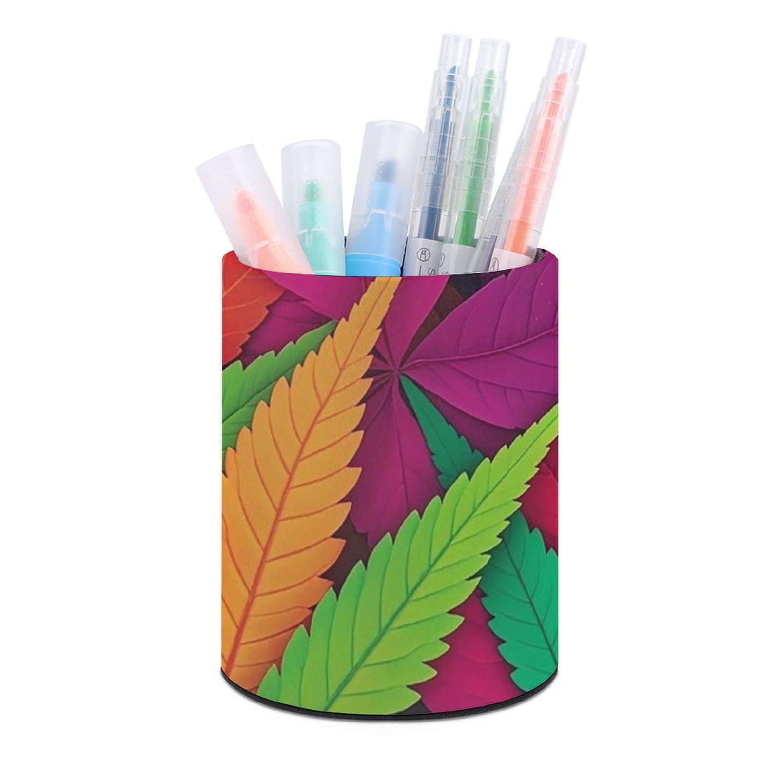 FekiLoot PU Leather Round Pen Holder MultiColor Leaf Weed Art Pencil Holder Desk Organizer Pen Organizer Pen Cup Pencil Cup Caddy Desktop Stationery Organizers for Office Home Supplies