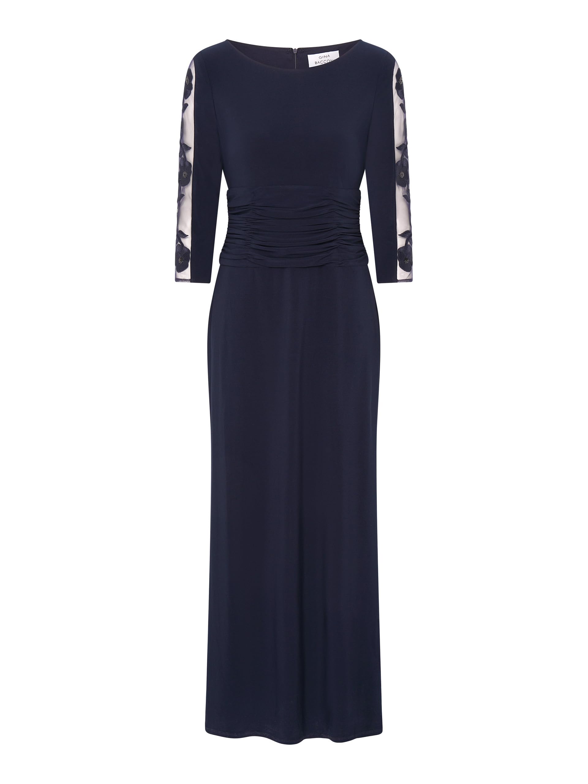 Gina Bacconi Women's Maxi Dress with Embroidered Sleeve Cocktail, Navy, 12