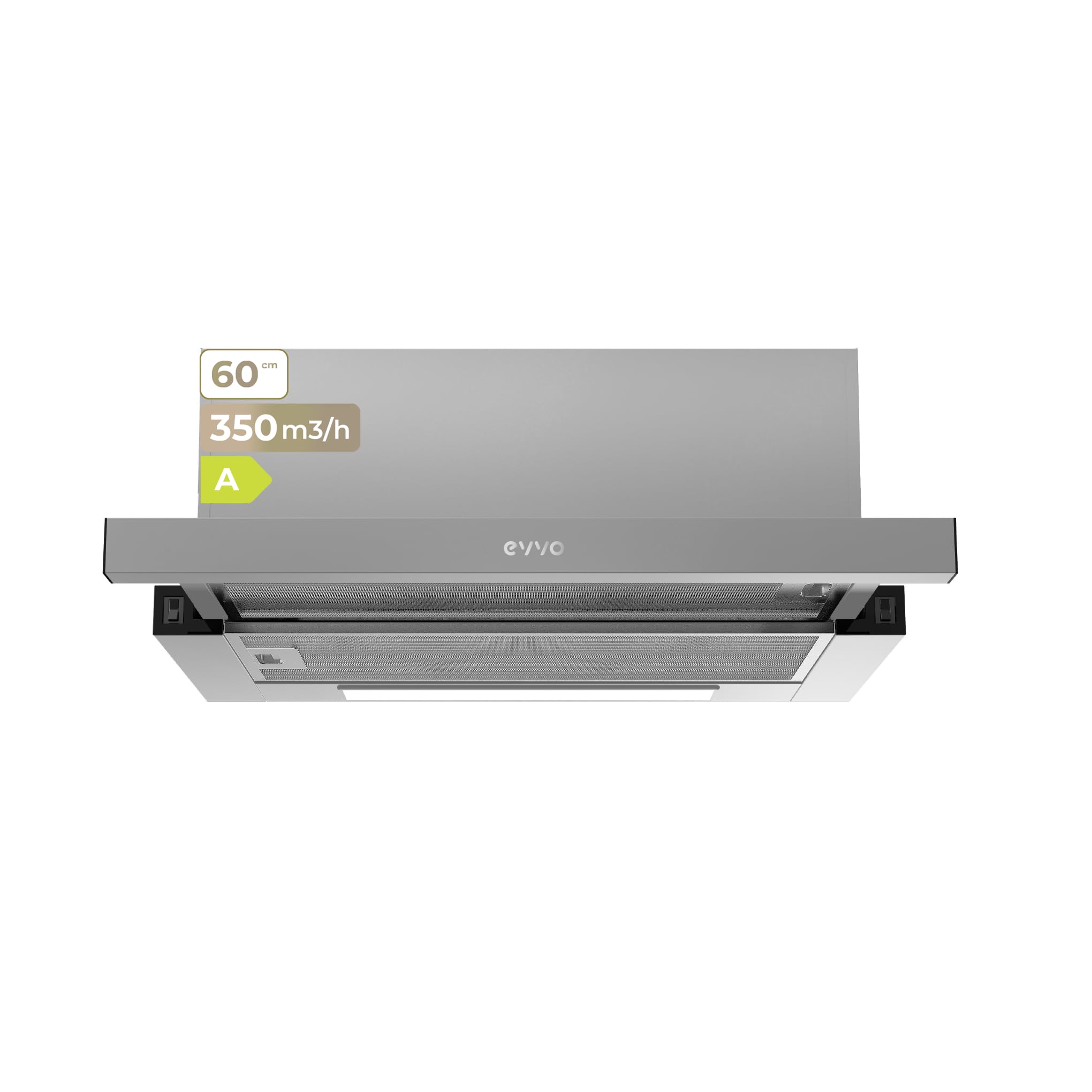 EVVO Campana Extractora 60 cm Telescópica CE10, Potencia 350 m³/h, Filtro de Aluminio de 3 capas, 2 Velocidades, Filtro de Carbón Activo, Luz LED, Eficiencia Energética A, Acabado Inox