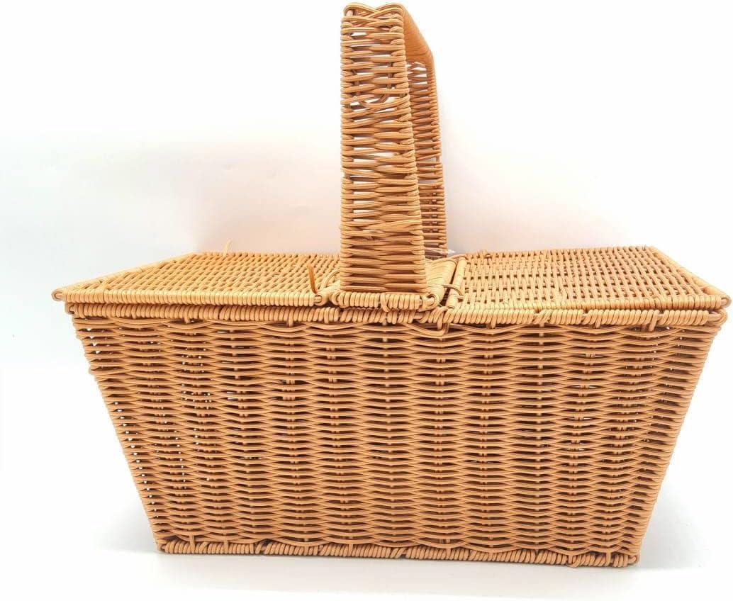 LINGWEI Woven Rattan Picnic Basket with Double Lid - Perfect for Outdoor Picnics, Camping, Storage, and Home Decor - Ideal for Bread, Fruit, Food, and Flowers (Square Shape)