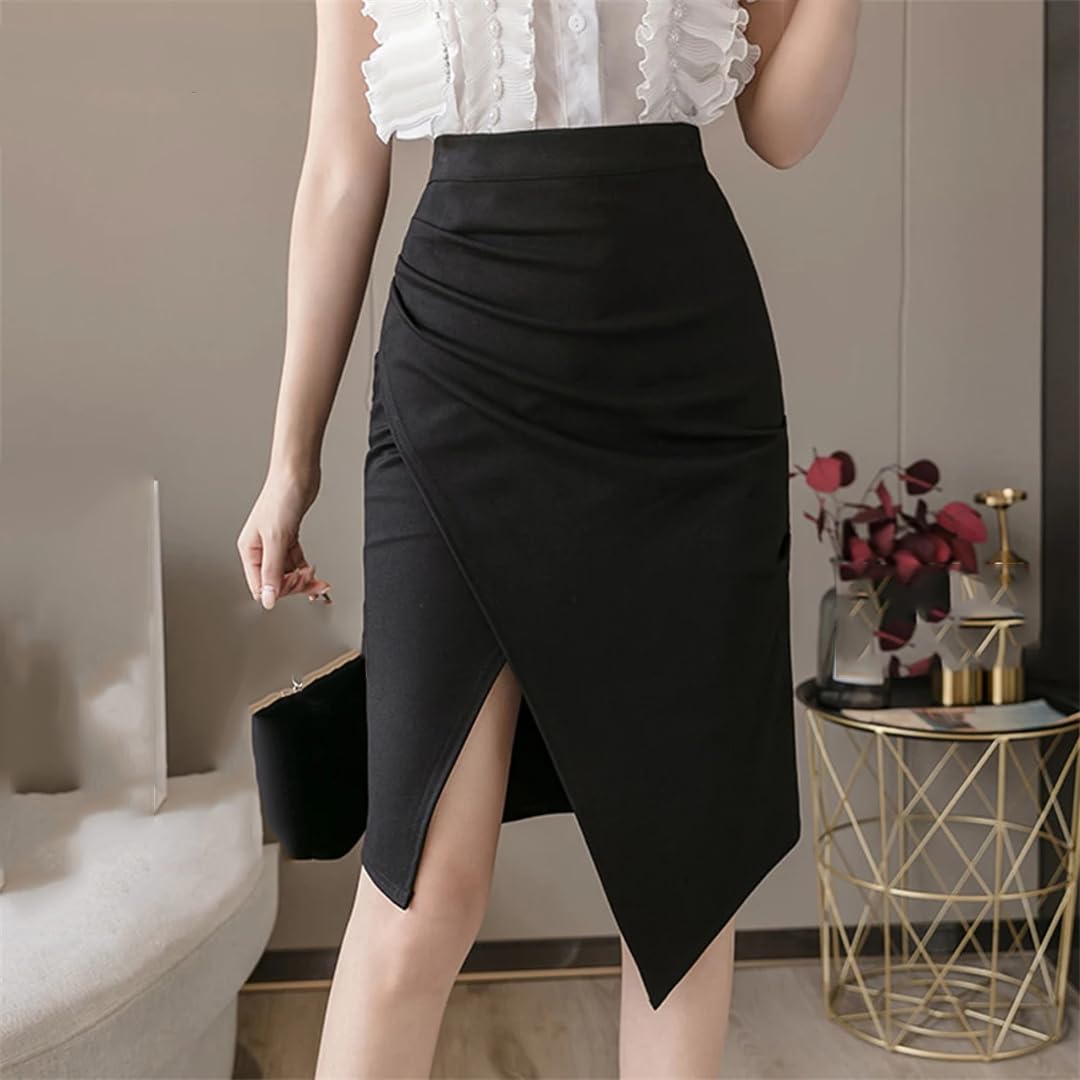 Donne asimmetria nero Midi Gonne pieghe Wrap Hip Gonne Casual Ufficio Lady Gonne a vita alta