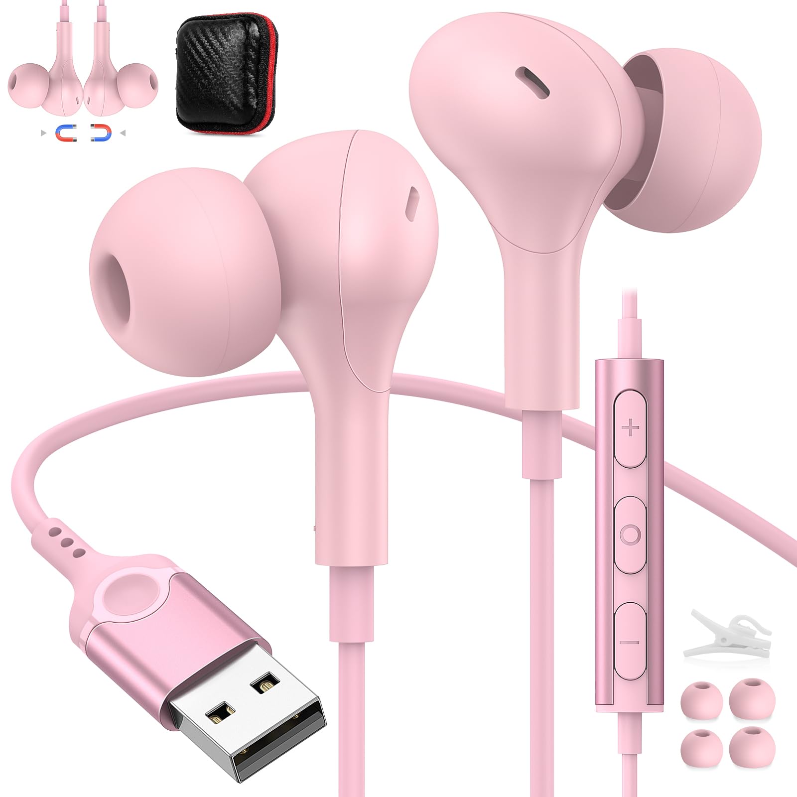 Auriculares USB con micrófono para PC, auriculares USB A, cable magnético de 7.5 pies, control de audio, función de silencio para laptop, computadora portátil, portátil, portátil, auriculares para