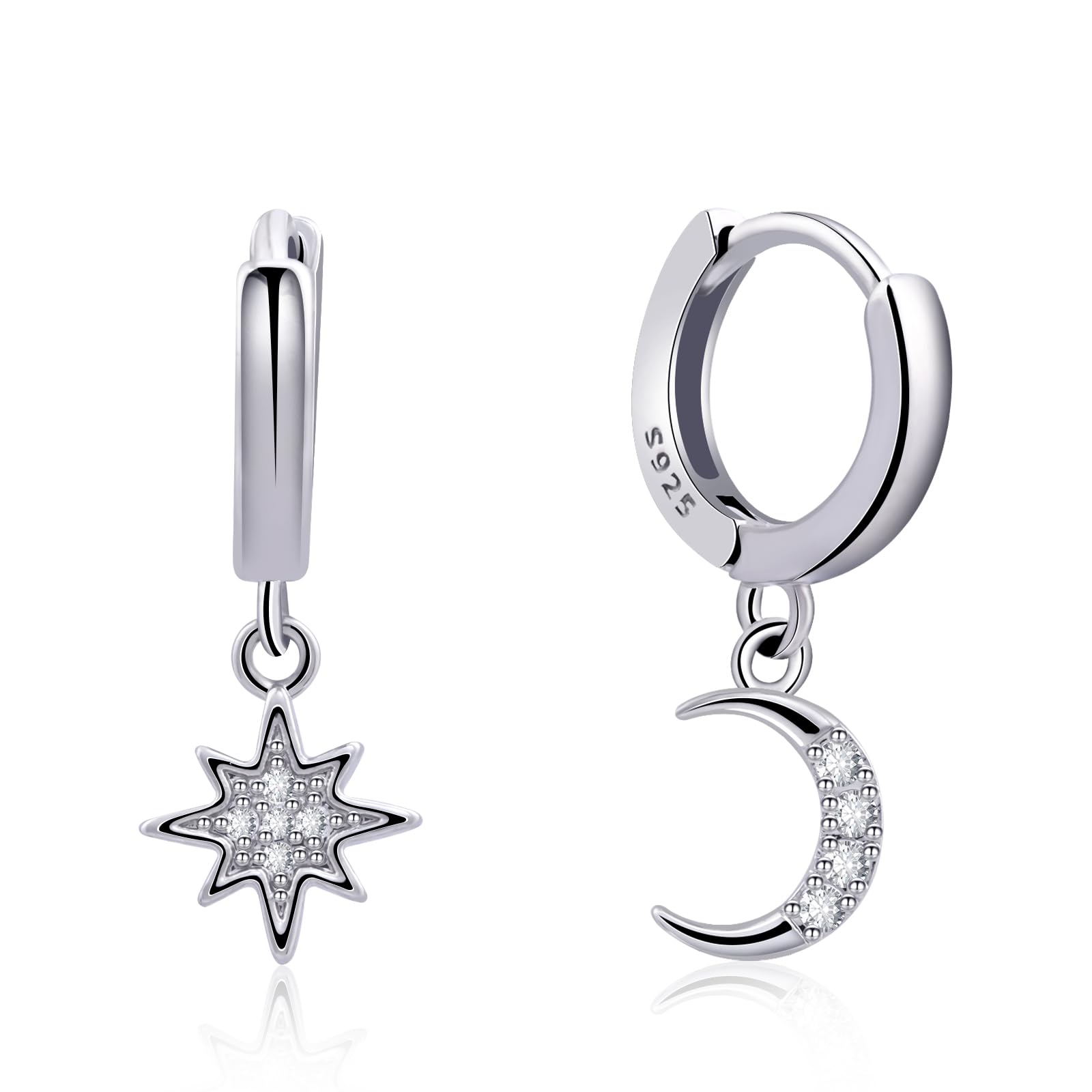 925 Sterling Silver Huggie Hoop Earrings with Moon & Star Design - Handmade Drop Dangle Jewelry for Women & Girls