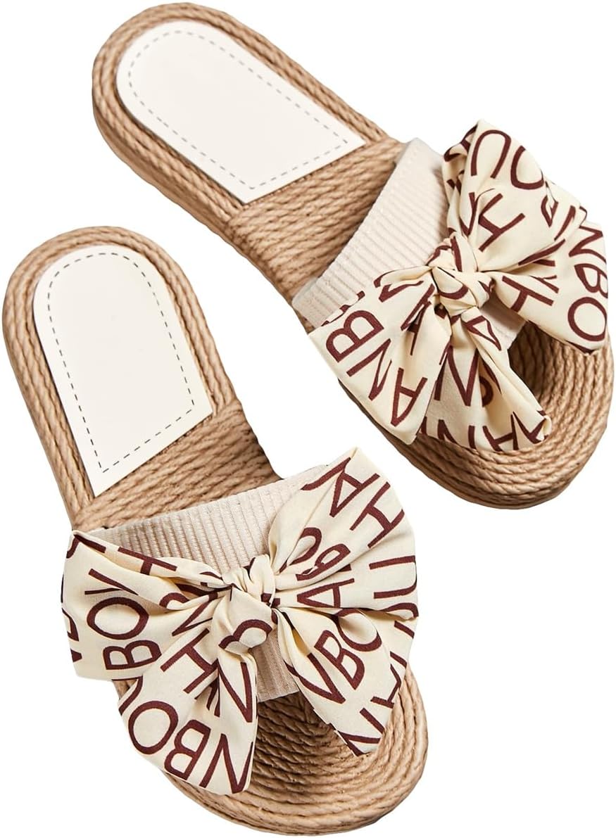 Women’s Bow Open Toe Flat Summer Slide Sandals Beach Flats, Azonee Linen EVA TPR Material, Casual Stylish Footwear for Leisure & Summer Occasions