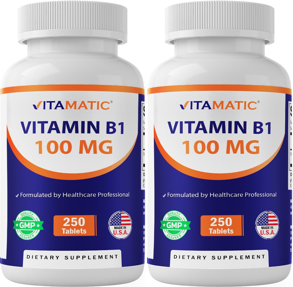 Vitamatic Vitamin B1 100 mg, 250 Tablets, Non-GMO, Thiamine - 2 Pack 500 Count (Pack of 1)