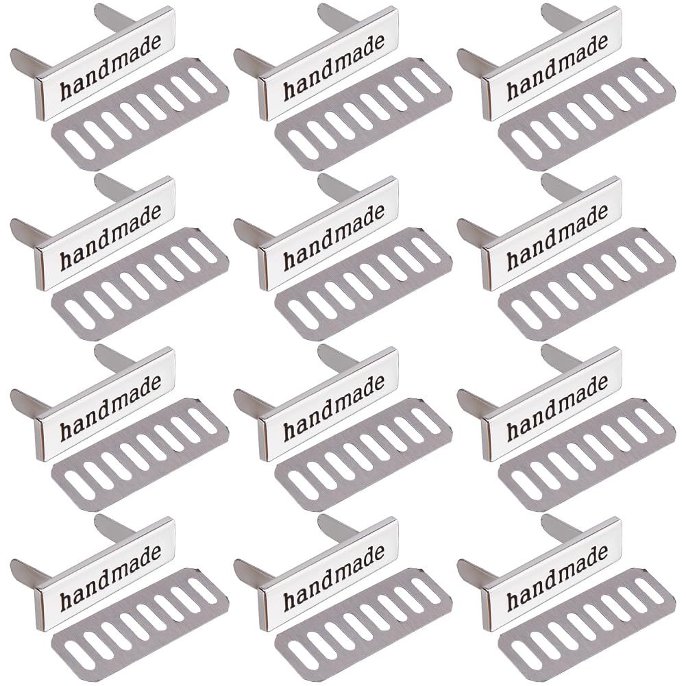 CALFOVERA 12PCS Handmade Letter Metal Labels with Shim Rectangle Multi-Purpose Alloy Crochet Tags Hand Made Printed Signs Label Sewing Items Crafts for DIY Gift Purses Bags Shoes Jeans(Platinum)