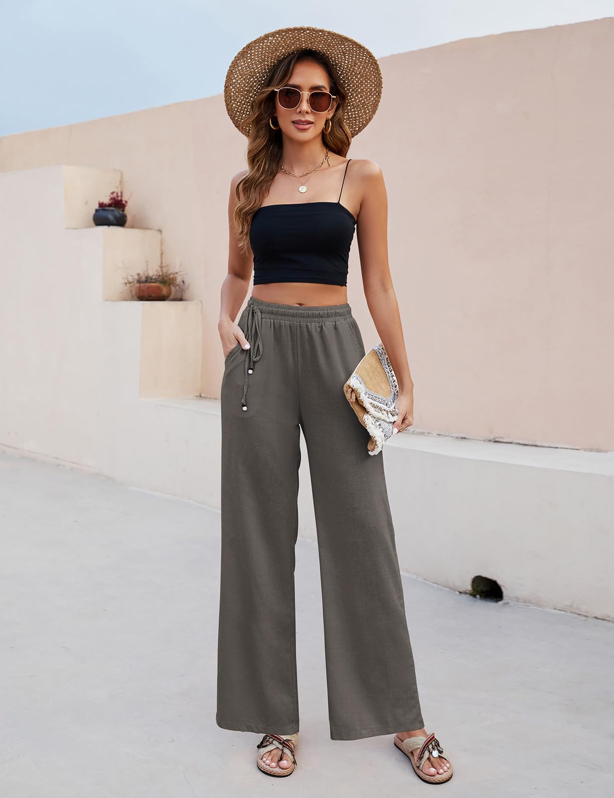 PASUDA Pantaloni Donna Pantaloni in Lino Estivi Larghi da Donna Eleganti Elastico Vita Alta Pantaloni Gamba Dritta Casual Leggeri Pantalone con Tasche e Coulisse Laterale