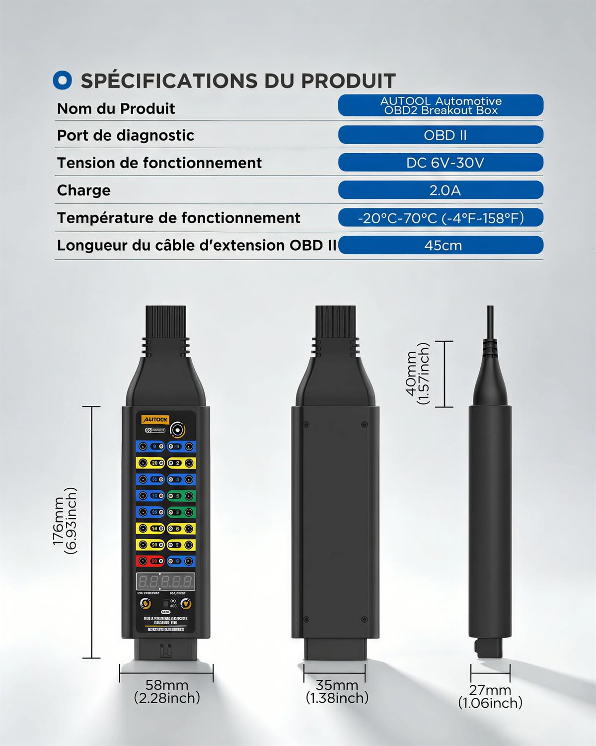 Boîtier de Dérivation OBD2 avec Mode Série 120Ω, Affichage de la Tension, Connecteur à 16 Broches, Voyant LED, pour Scanner/Multimètre pour Test de Diagnostic électrique Automobile