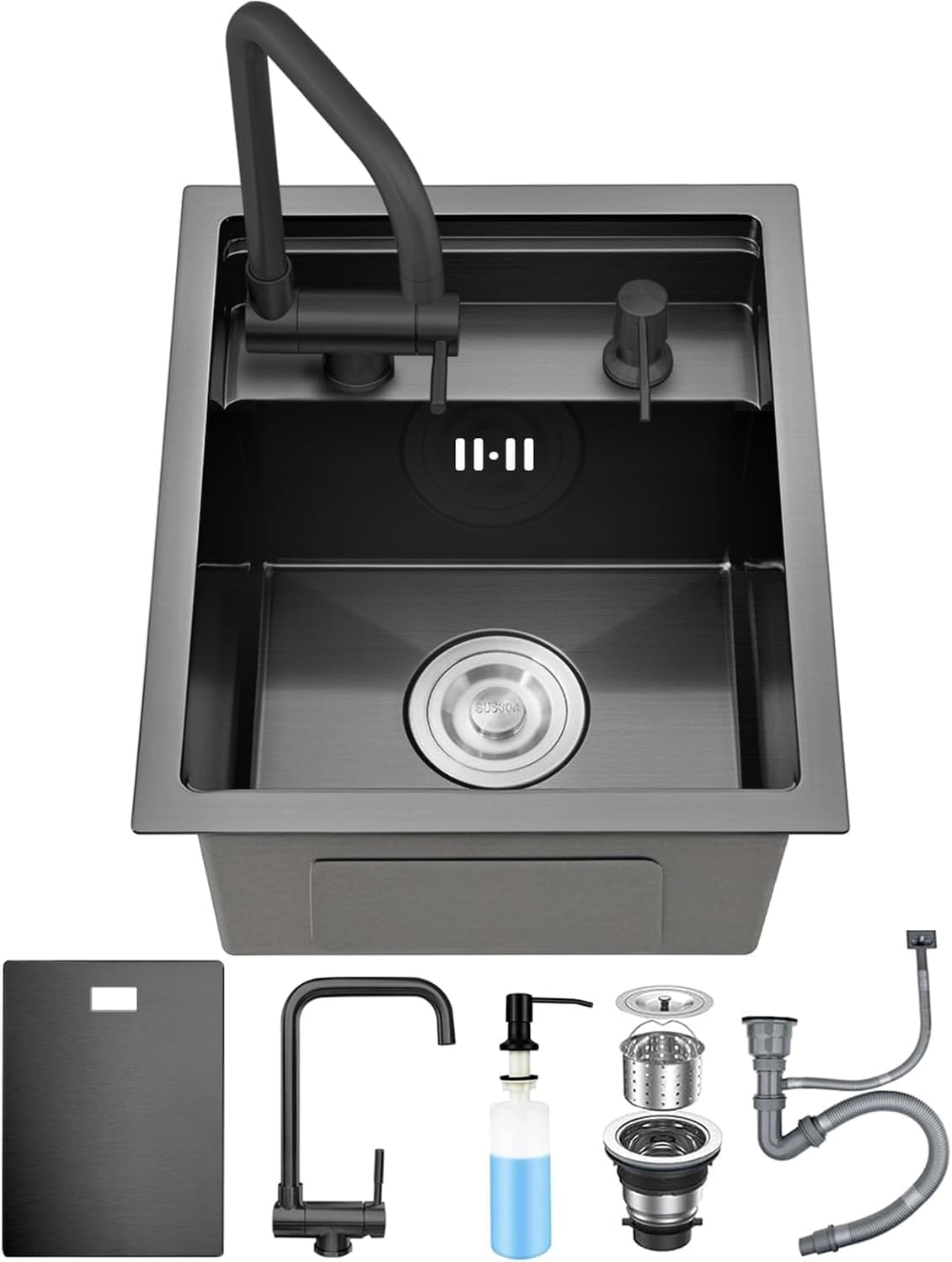 Hidden Concealed Kitchen Bar Sink, Single Bowl Stainless Steel Undermount Workstation Sink with Folding Faucet and Cover, Space-Saving Design for Small Prep RV, Black Grey, 30x45x21CM