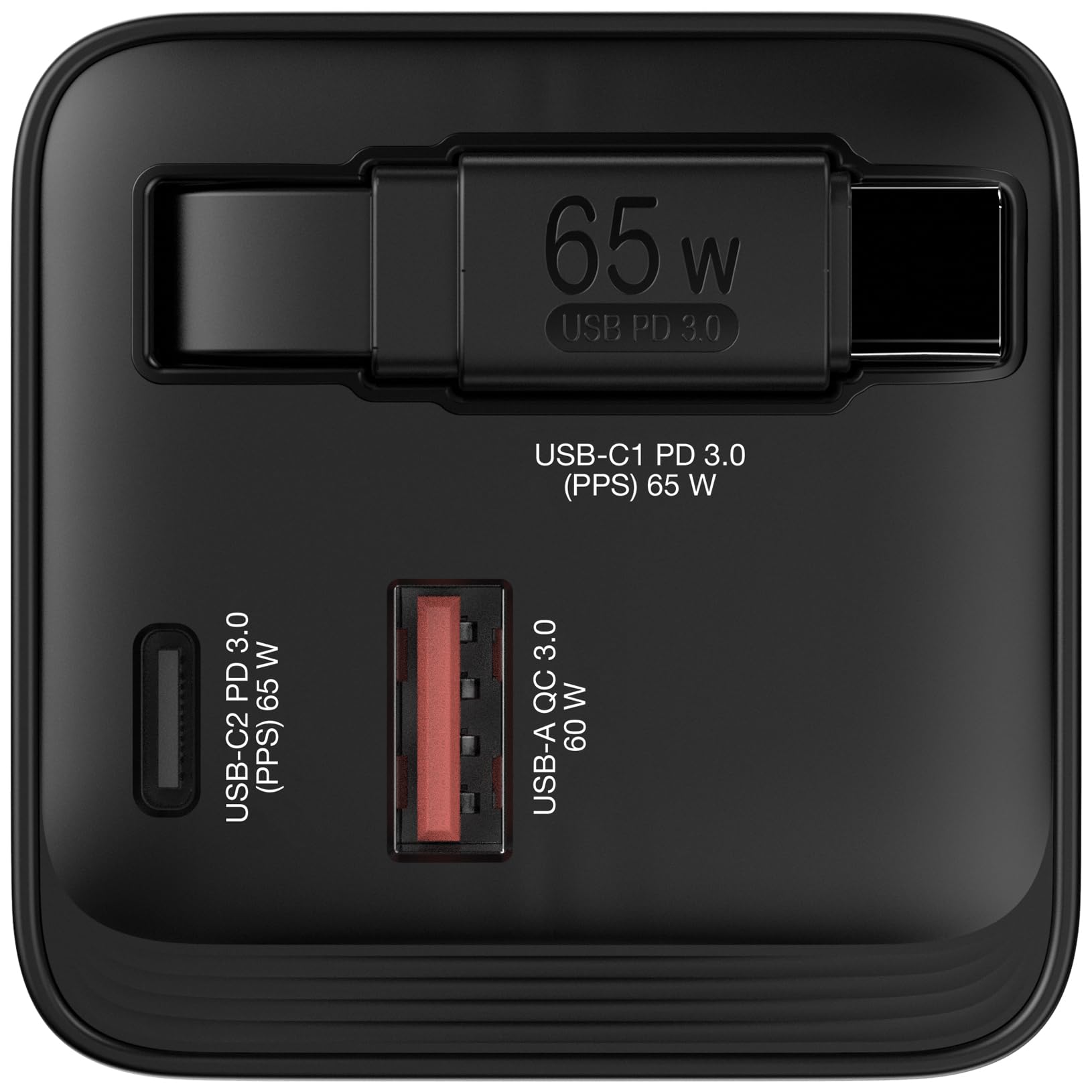 Verbatim GaN Charger 65 W 2-Port USB-C Ladegerät mit ausziehbarem USB-C Kabel, USB-C und USB-A Power Adapter, Schnellladegerät für Apple iPad, iPhone, Samsung & Co, Travel Adapter für EU, UK, USA