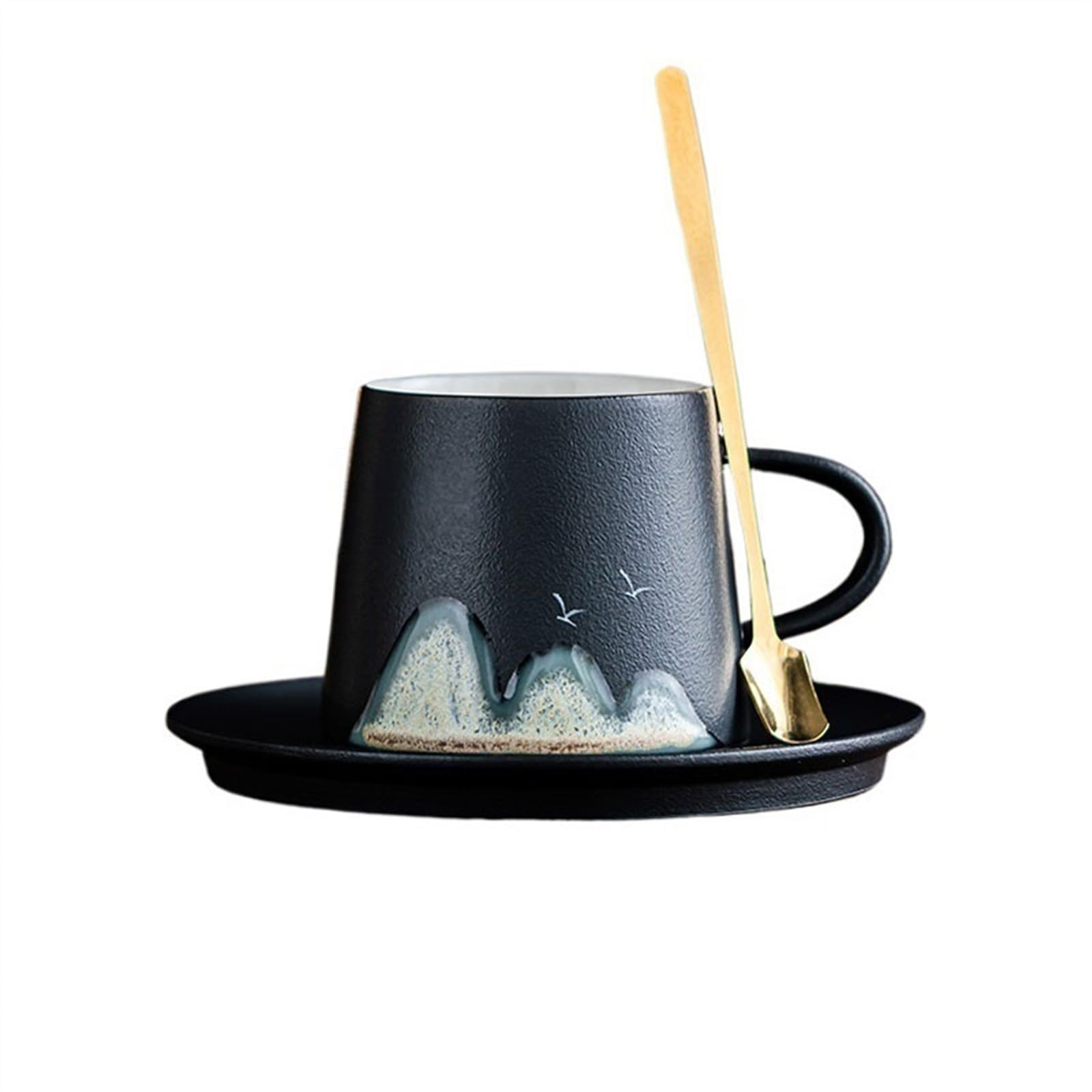 Kubek do herbaty Ręcznie malowany kubek do kawy Zestaw ceramiczny 200 ml Kubek podwieczorku Latte Domowy z łyżeczką(Czarny)