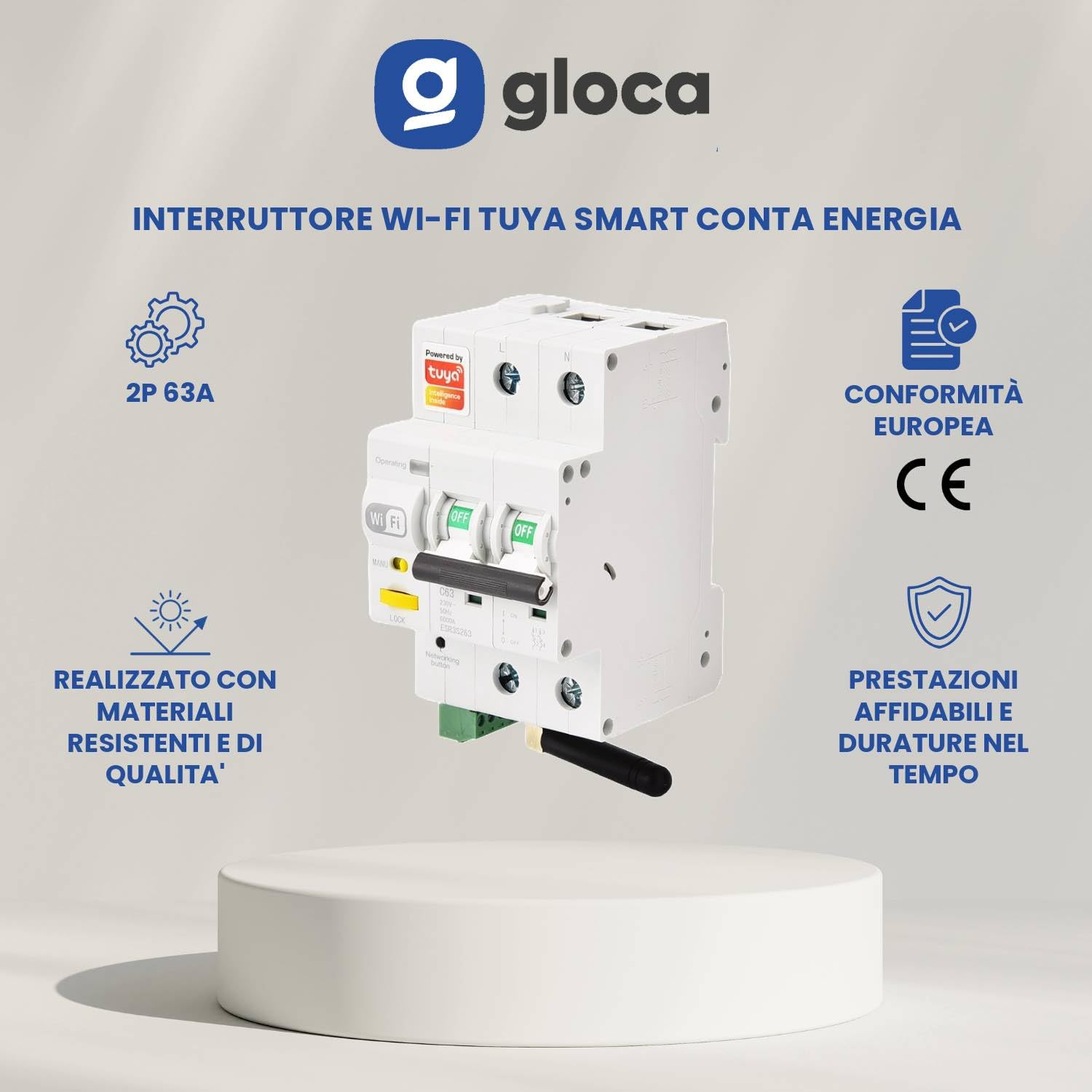 gloca Interruttore Magnetotermico Wi-Fi Smart Conta Energia Con App Tuya Smart Riarmo Automatico Tramite APP 3M 2P 63A 220V