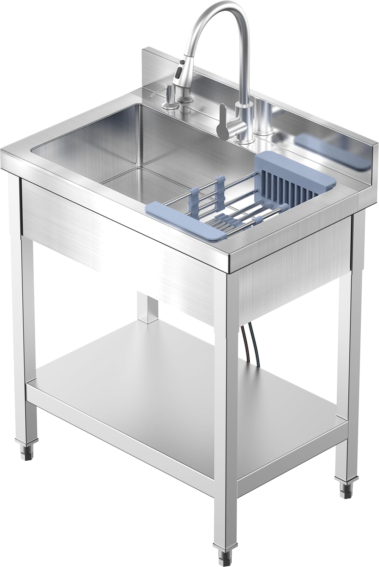 Freestanding Stainless Steel Utility Sink with Retractable Cold and Hot Water Faucet,Hoses and Drain Kit for Kitchens, Bathrooms, Garage, Laundry Room