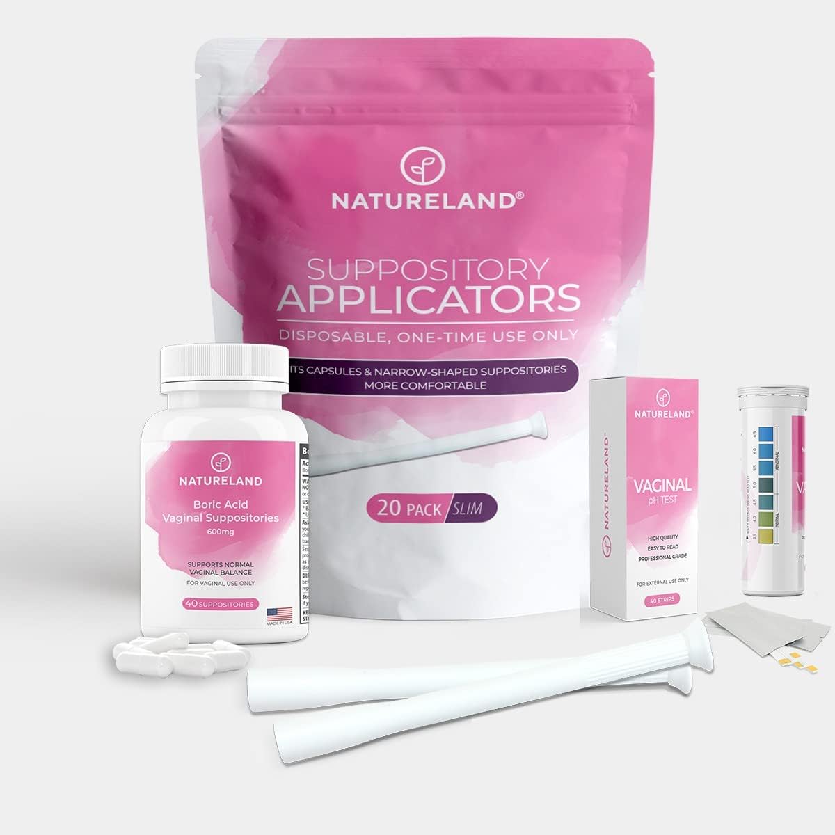 Natureland Vaginal Suppository Applicators for Women,Soft Tip Auxiliary Tool for Pills, Tablet Suppositories, Individually Wrapped (100 Count (Pack of 1), 20 Slim + 40 Suppositories + 40 pH Strips)