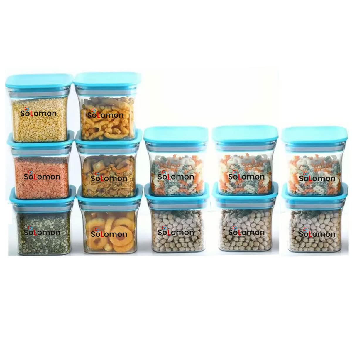 Solomon Plastic Kitchen Fridge Container Transparent Jar Airtight Food Grade Quality Product Used for Daily Storage Spices Dryfuit Tea Salt 600ml (Pack of 12 Blue)