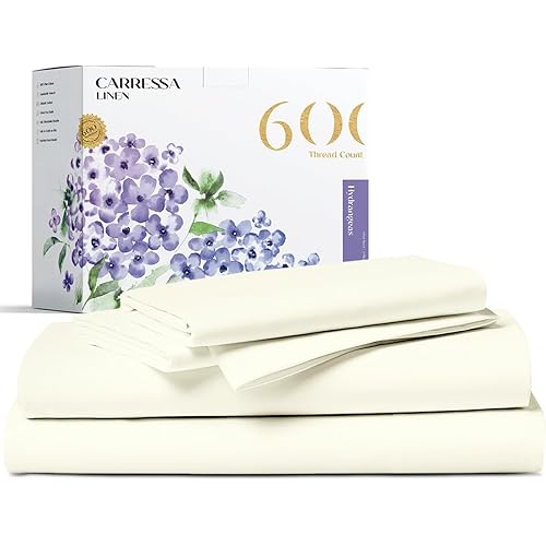 Carressa Linen 600 Thread Count Long Staple Soft Egyptian Cotton Sheet Set, 4 Piece Set, King Sheets, Upto 17 in Deep Pocket, Smooth & Soft Sateen Weave, Deep Pocket, Luxury Bedding, Ivory